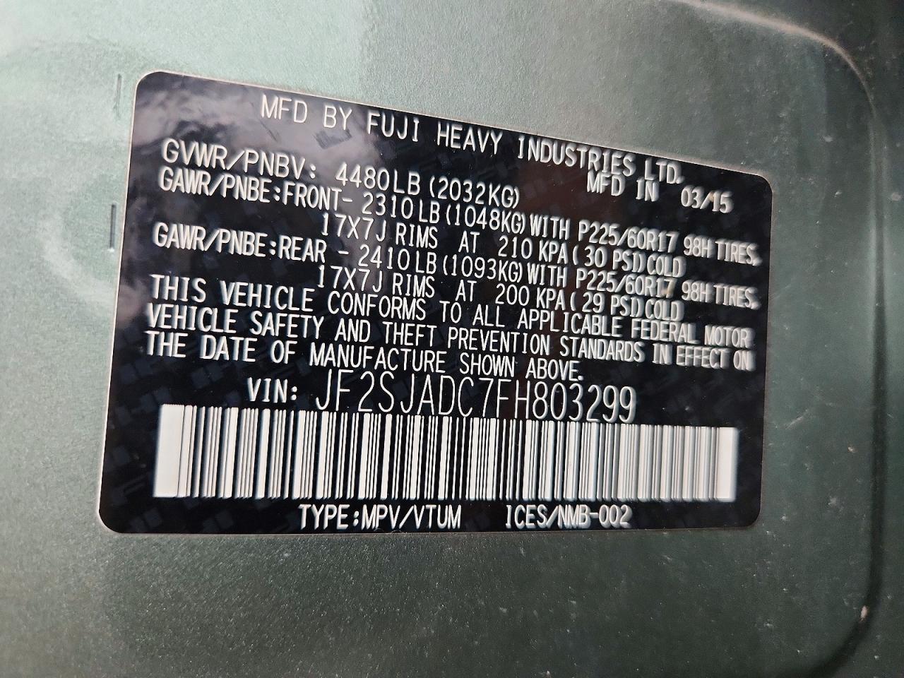 2015 Subaru Forester 2.5i Premium Green vin: JF2SJADC7FH803299