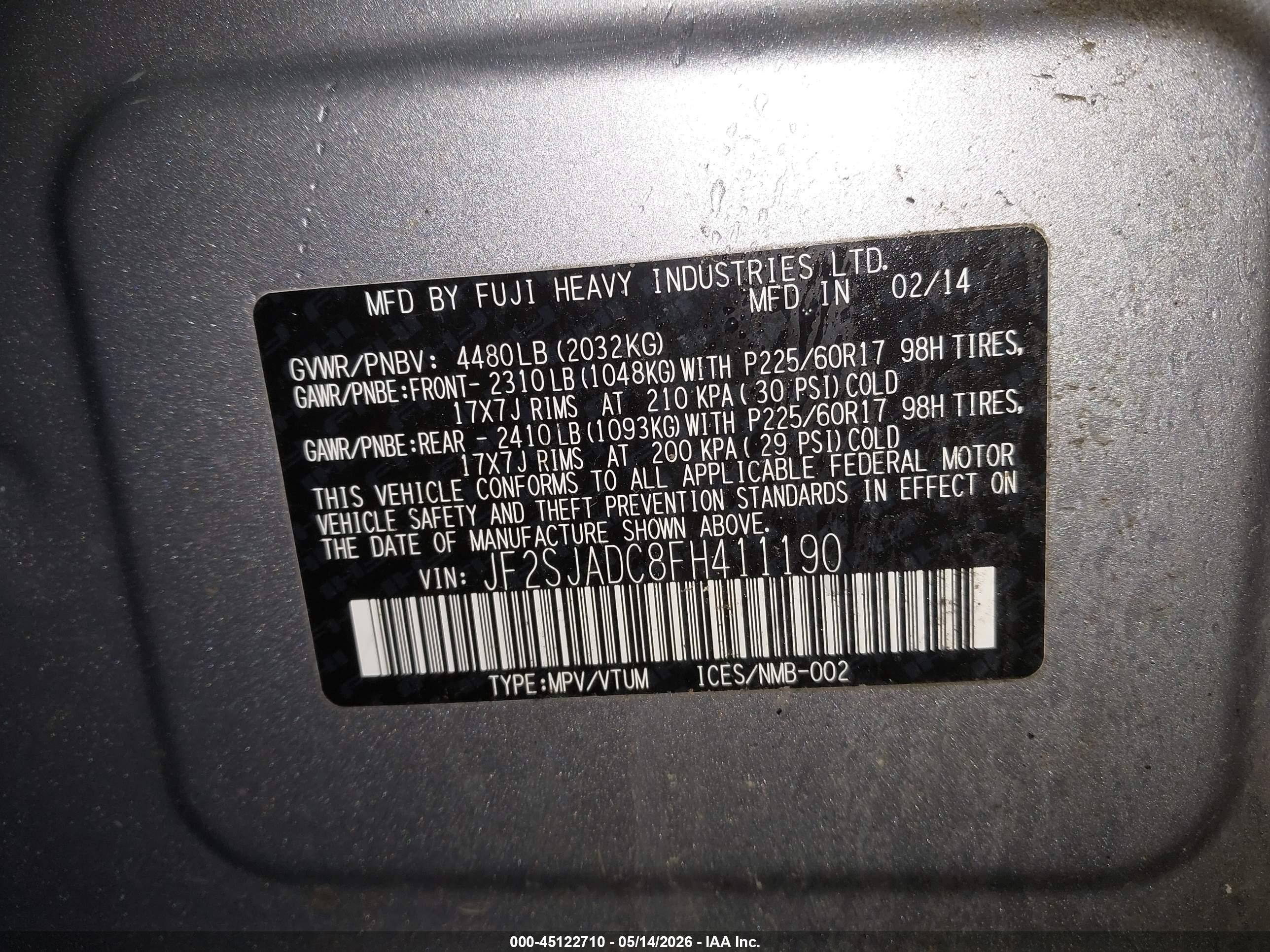 2015 Subaru Forester 2.5i Premium Серебряный vin: JF2SJADC8FH411190
