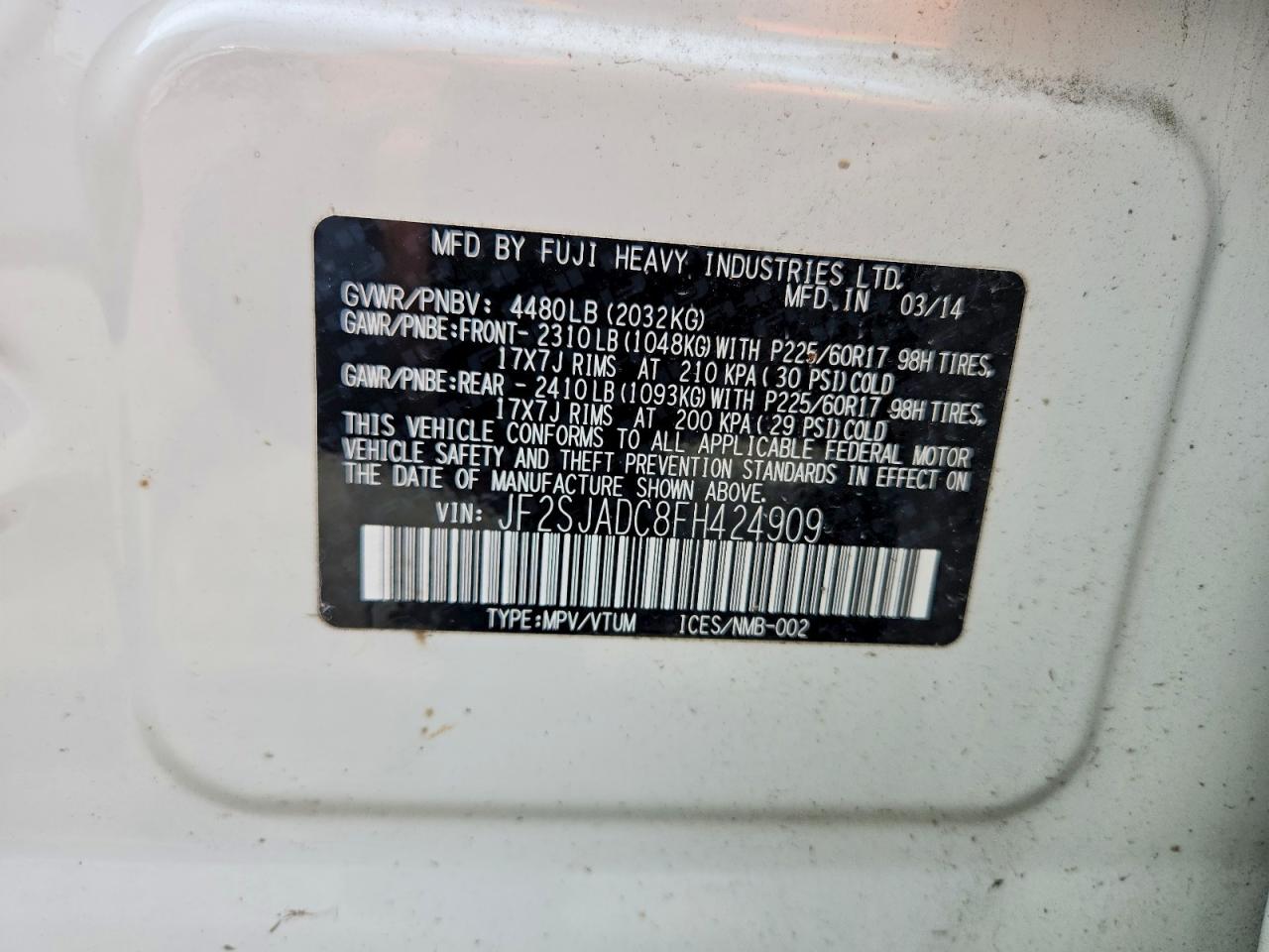 2015 Subaru Forester 2.5i Premium White vin: JF2SJADC8FH424909