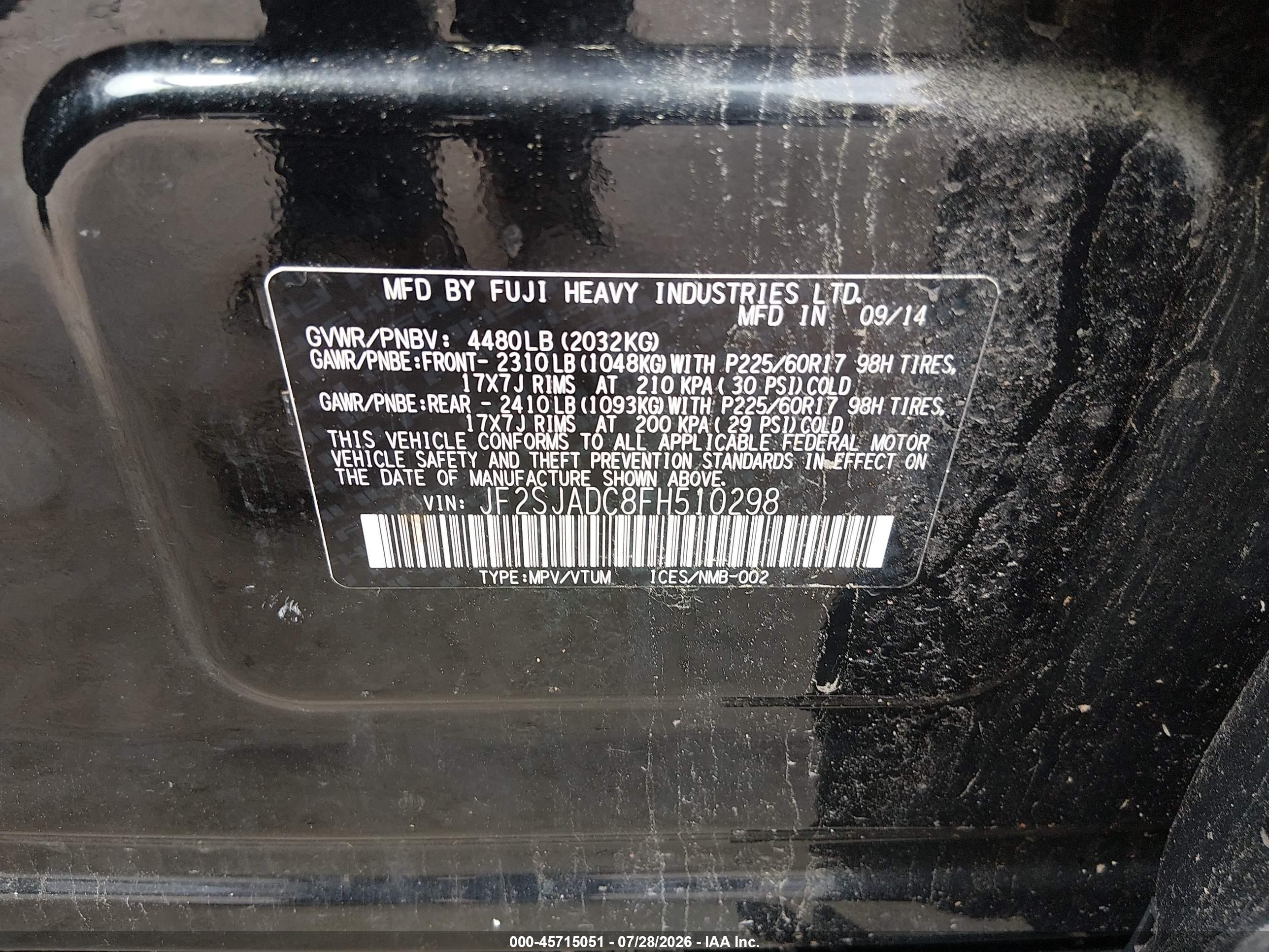 2015 Subaru Forester 2.5i Premium Black vin: JF2SJADC8FH510298