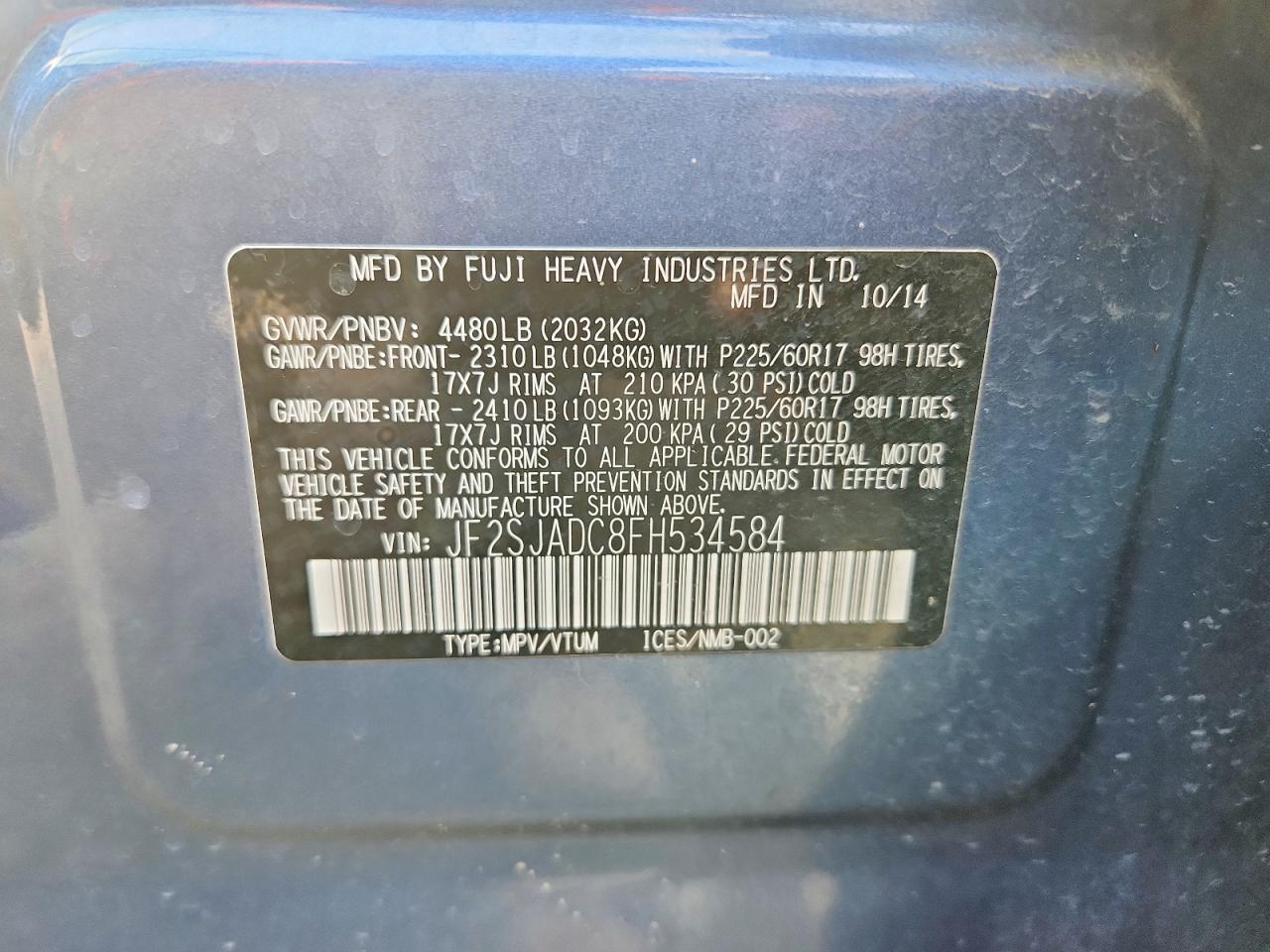 2015 Subaru Forester 2.5i Premium Синий vin: JF2SJADC8FH534584