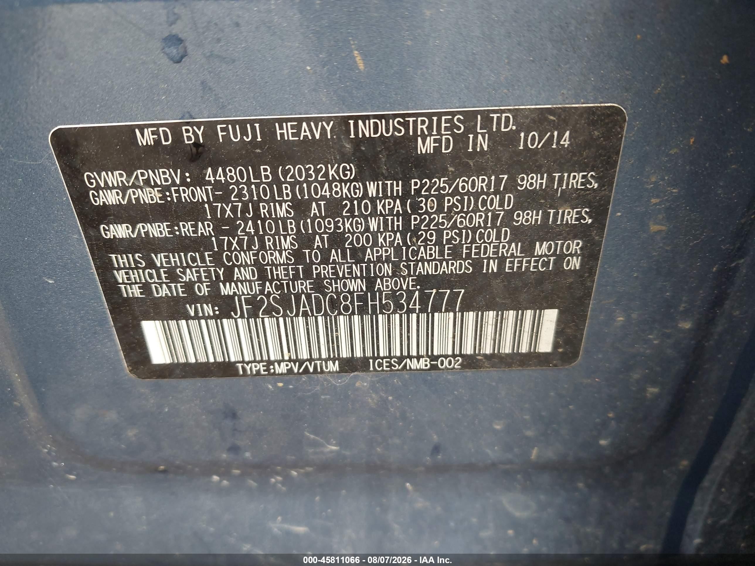 2015 Subaru Forester 2.5i Premium Синий vin: JF2SJADC8FH534777