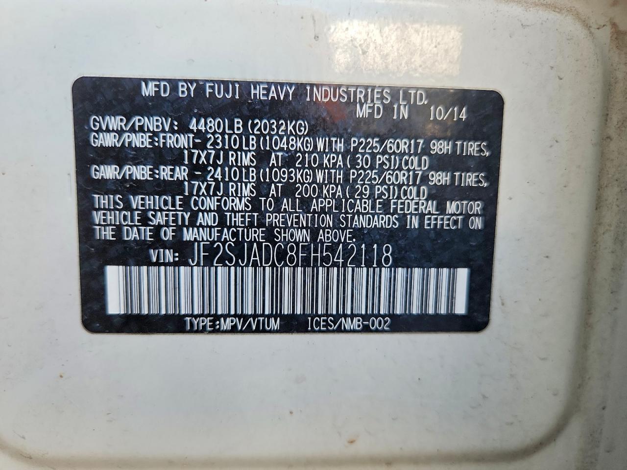 2015 Subaru Forester 2.5i Premium Белый vin: JF2SJADC8FH542118
