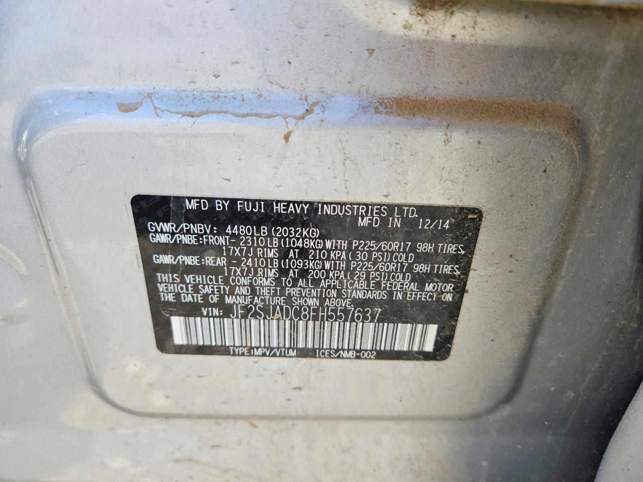 2015 Subaru Forester 2.5i Premium Silver vin: JF2SJADC8FH557637