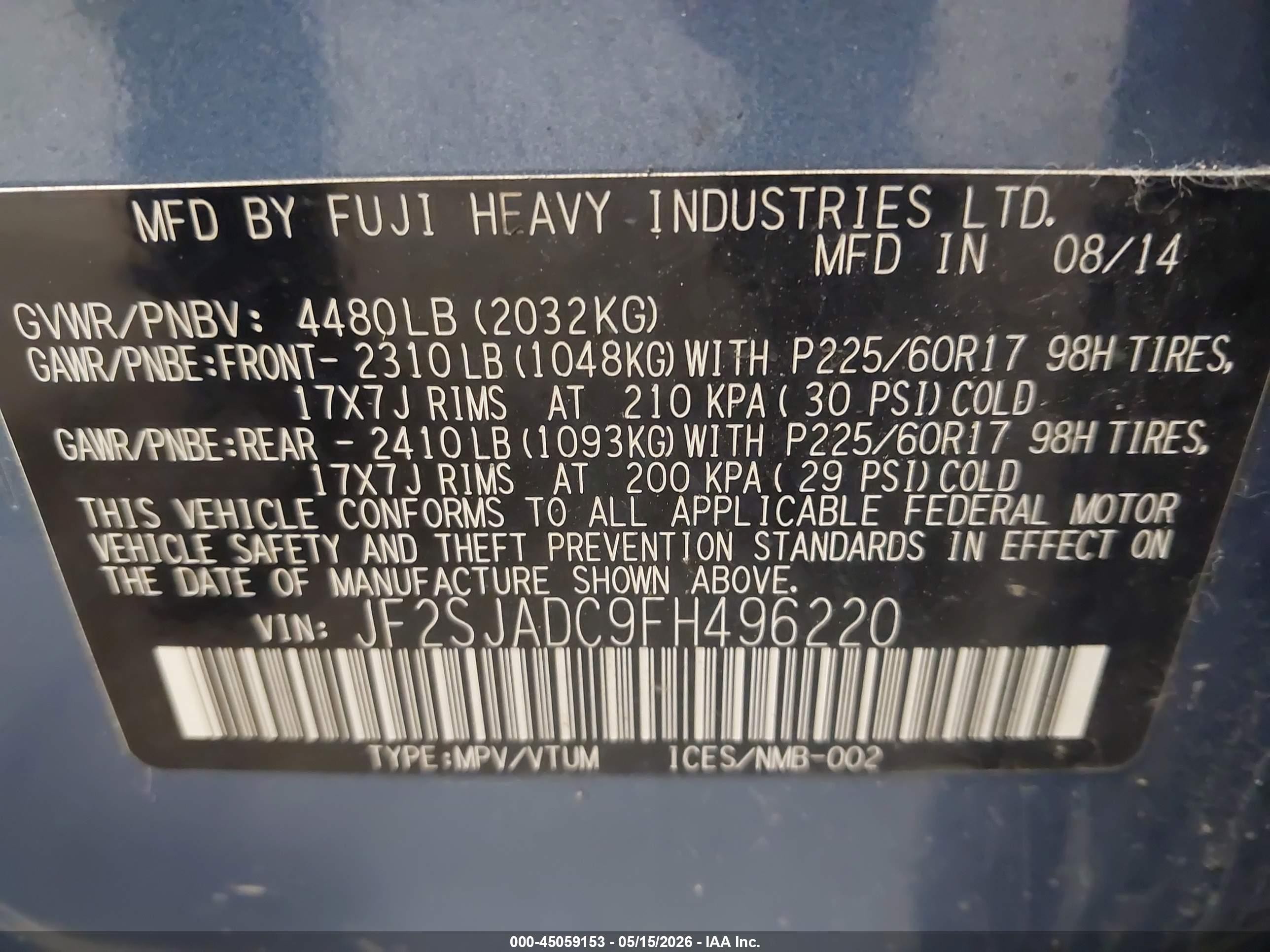 2015 Subaru Forester 2.5i Premium Blue vin: JF2SJADC9FH496220