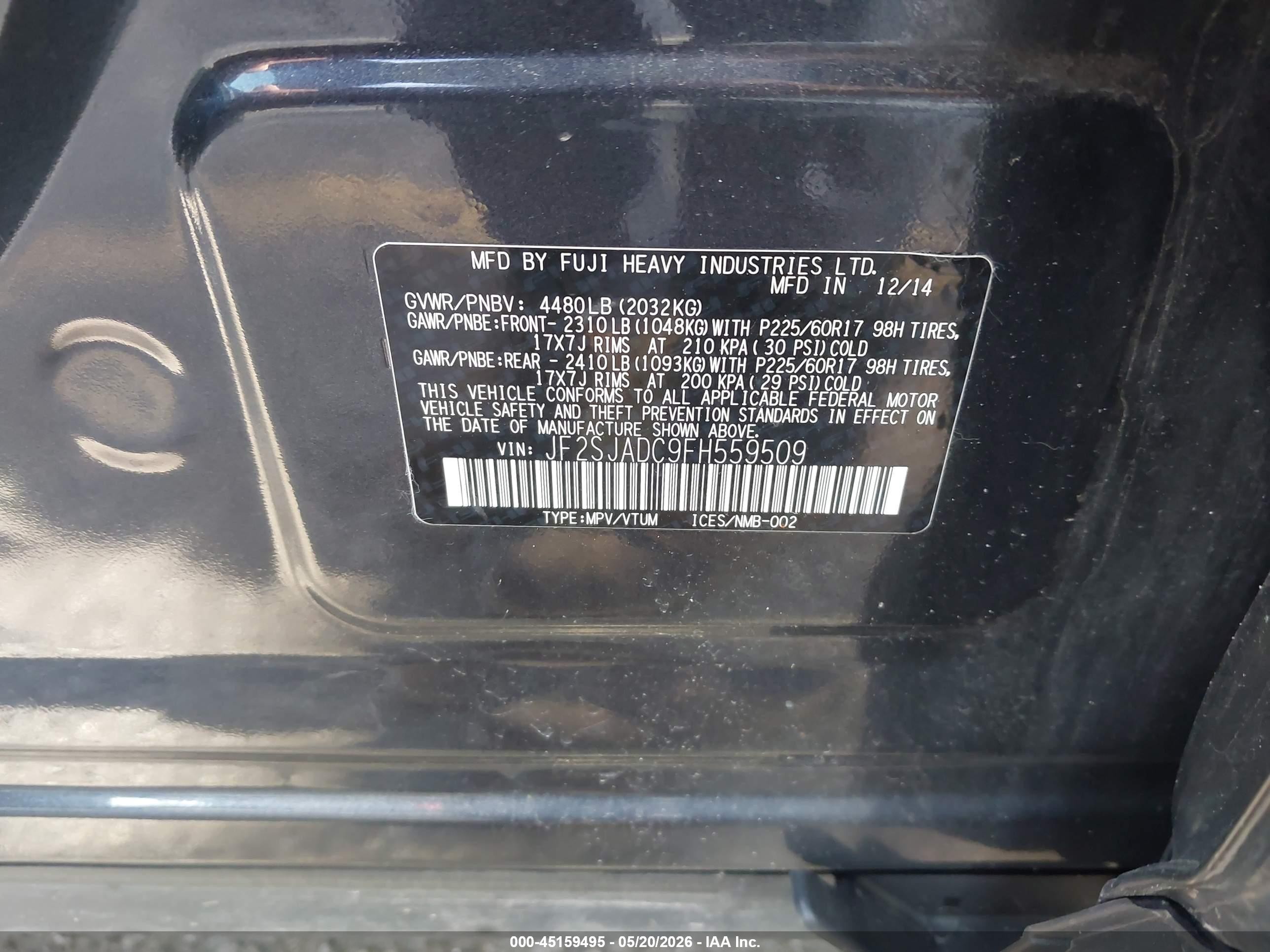 2015 Subaru Forester 2.5i Premium Черный vin: JF2SJADC9FH559509