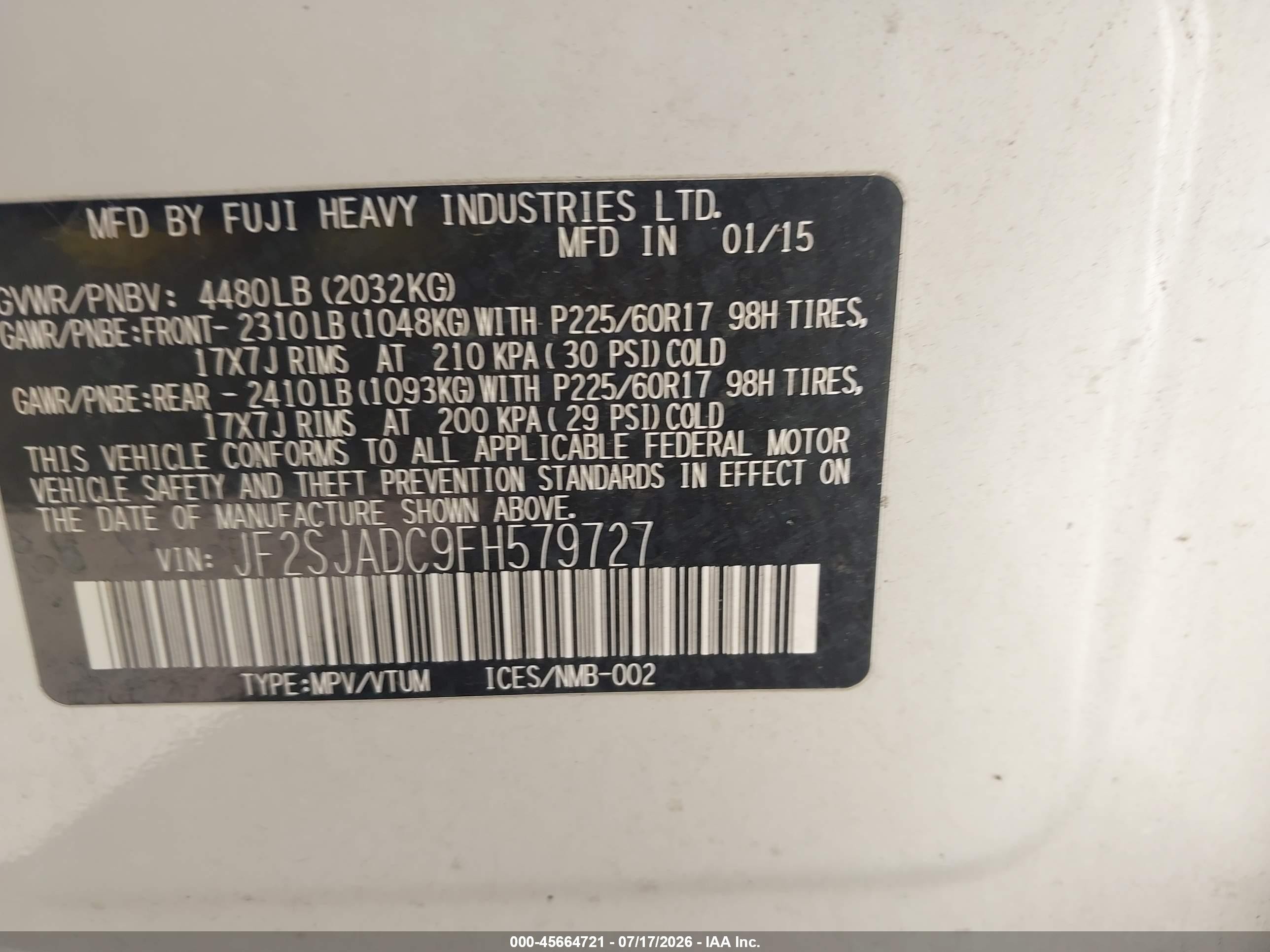 2015 Subaru Forester 2.5i Premium White vin: JF2SJADC9FH579727