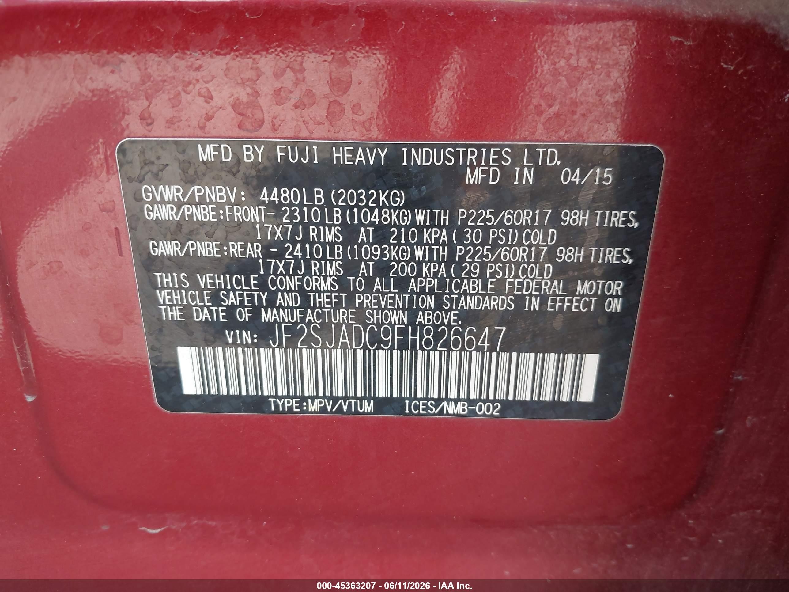 2015 Subaru Forester 2.5i Premium Red vin: JF2SJADC9FH826647