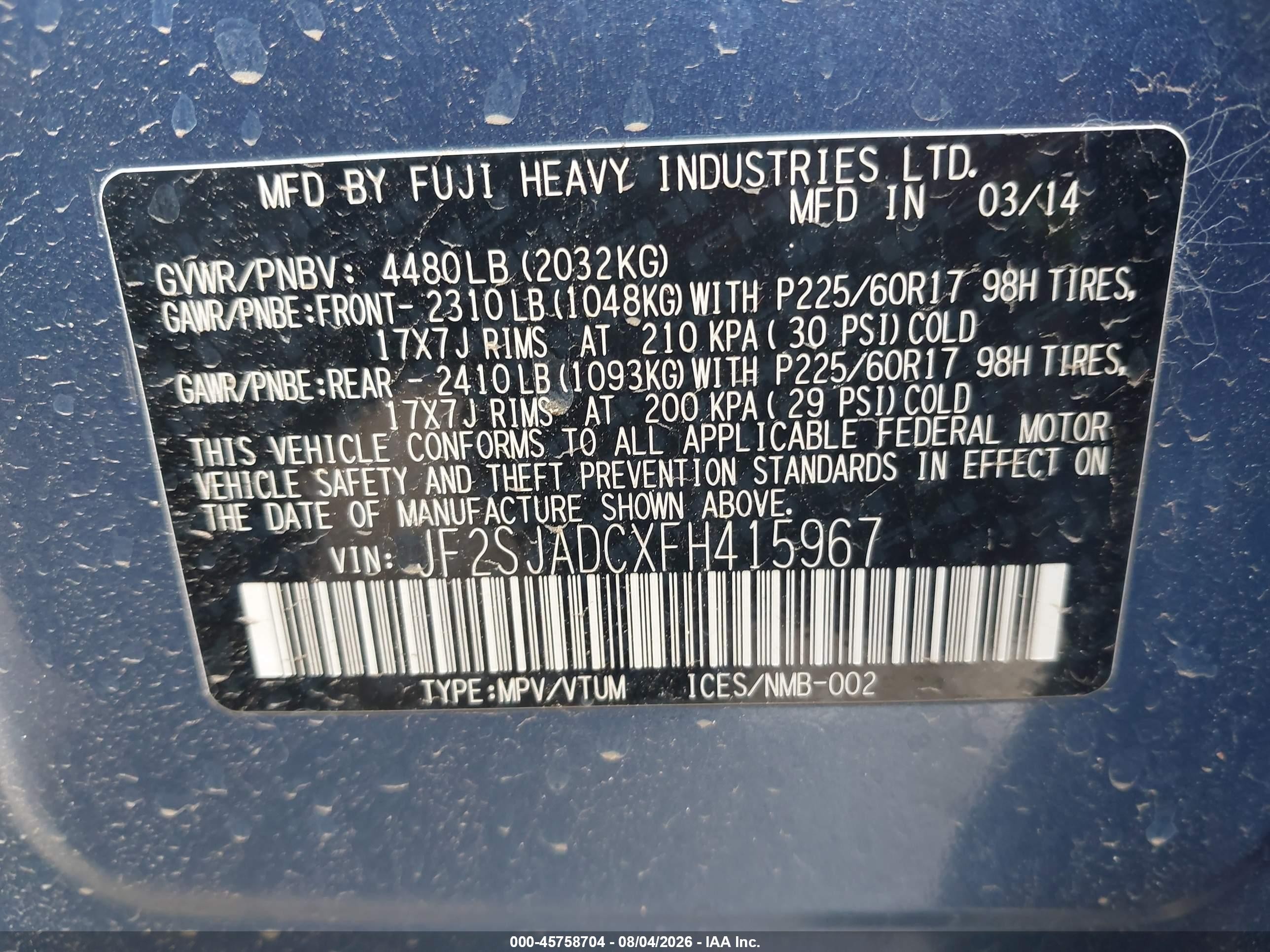 2015 Subaru Forester 2.5i Premium Blue vin: JF2SJADCXFH415967