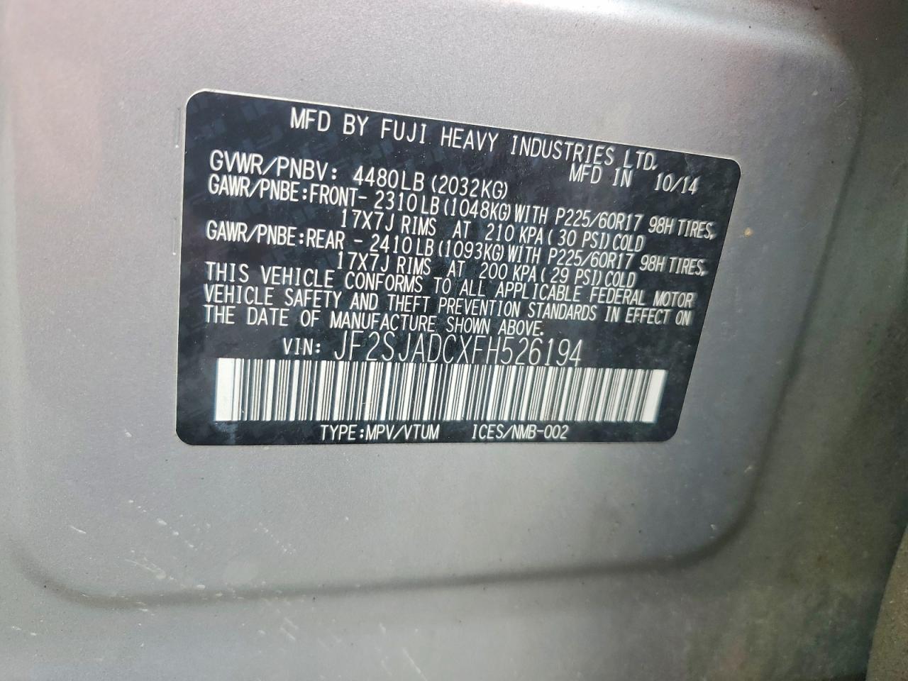 2015 Subaru Forester 2.5i Premium Silver vin: JF2SJADCXFH526194