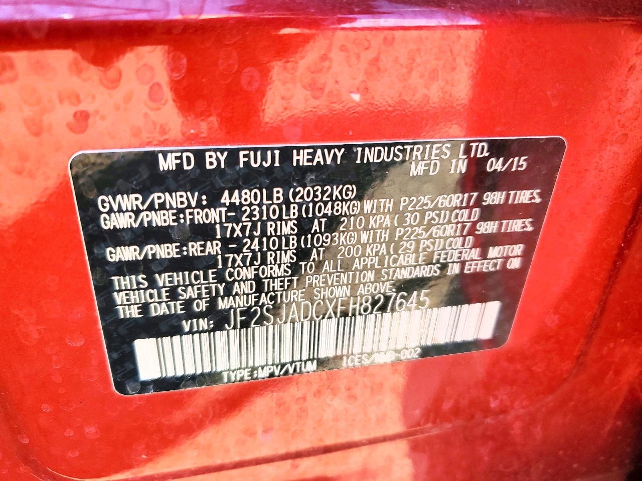 2015 Subaru Forester 2.5i Premium Red vin: JF2SJADCXFH827645