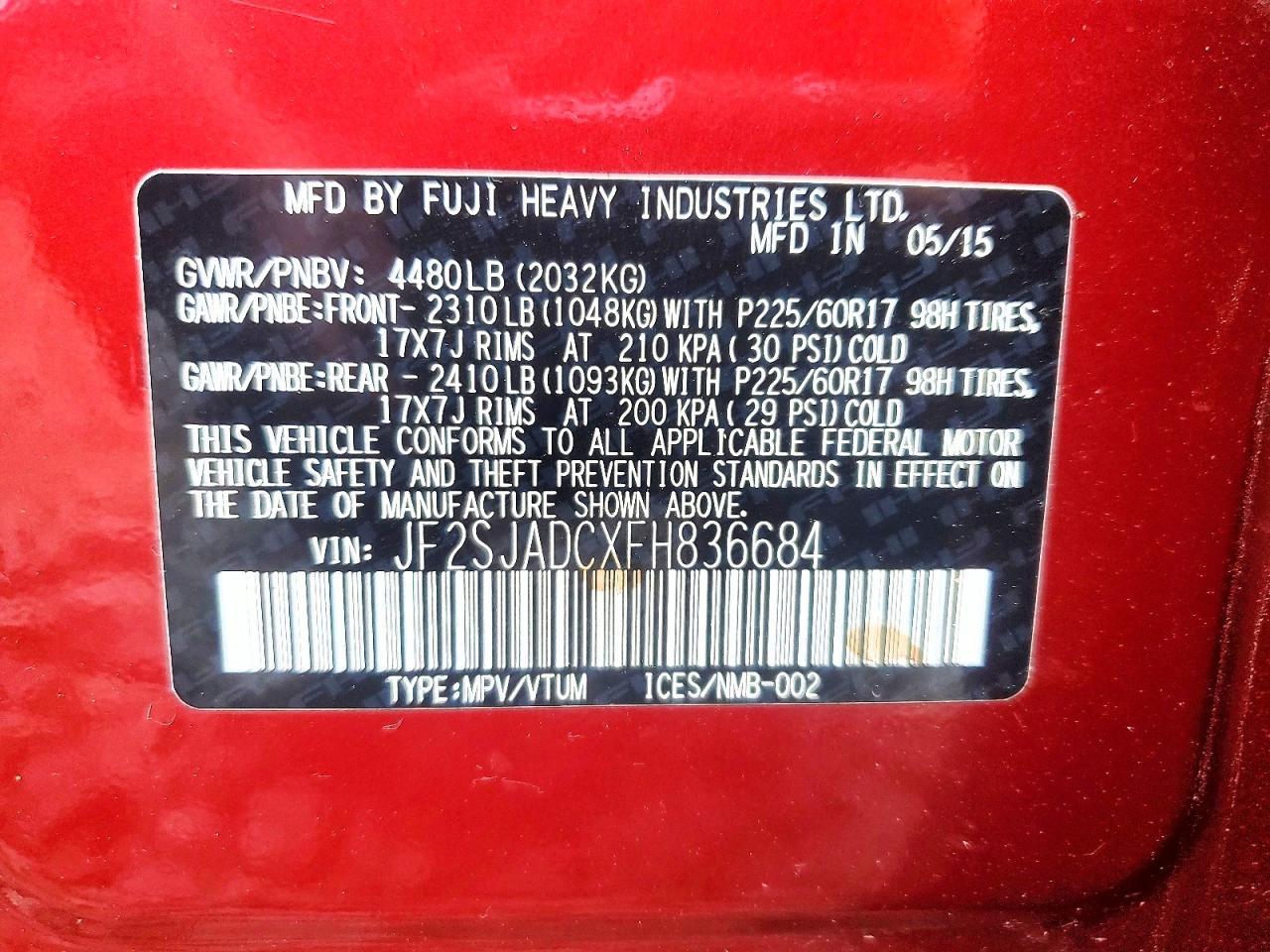 2015 Subaru Forester 2.5i Premium Red vin: JF2SJADCXFH836684