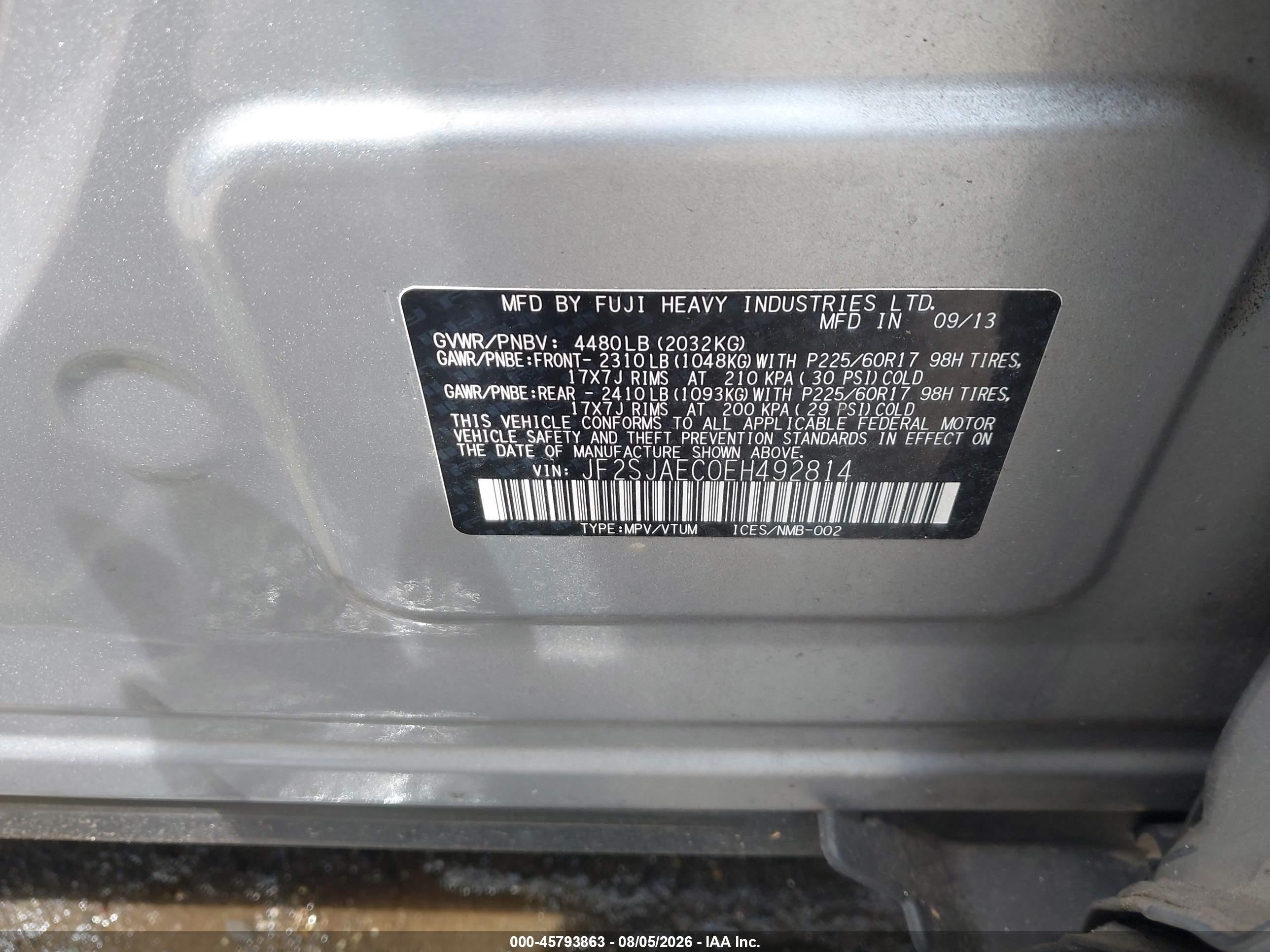 2014 Subaru Forester 2.5i Premium Серебряный vin: JF2SJAEC0EH492814