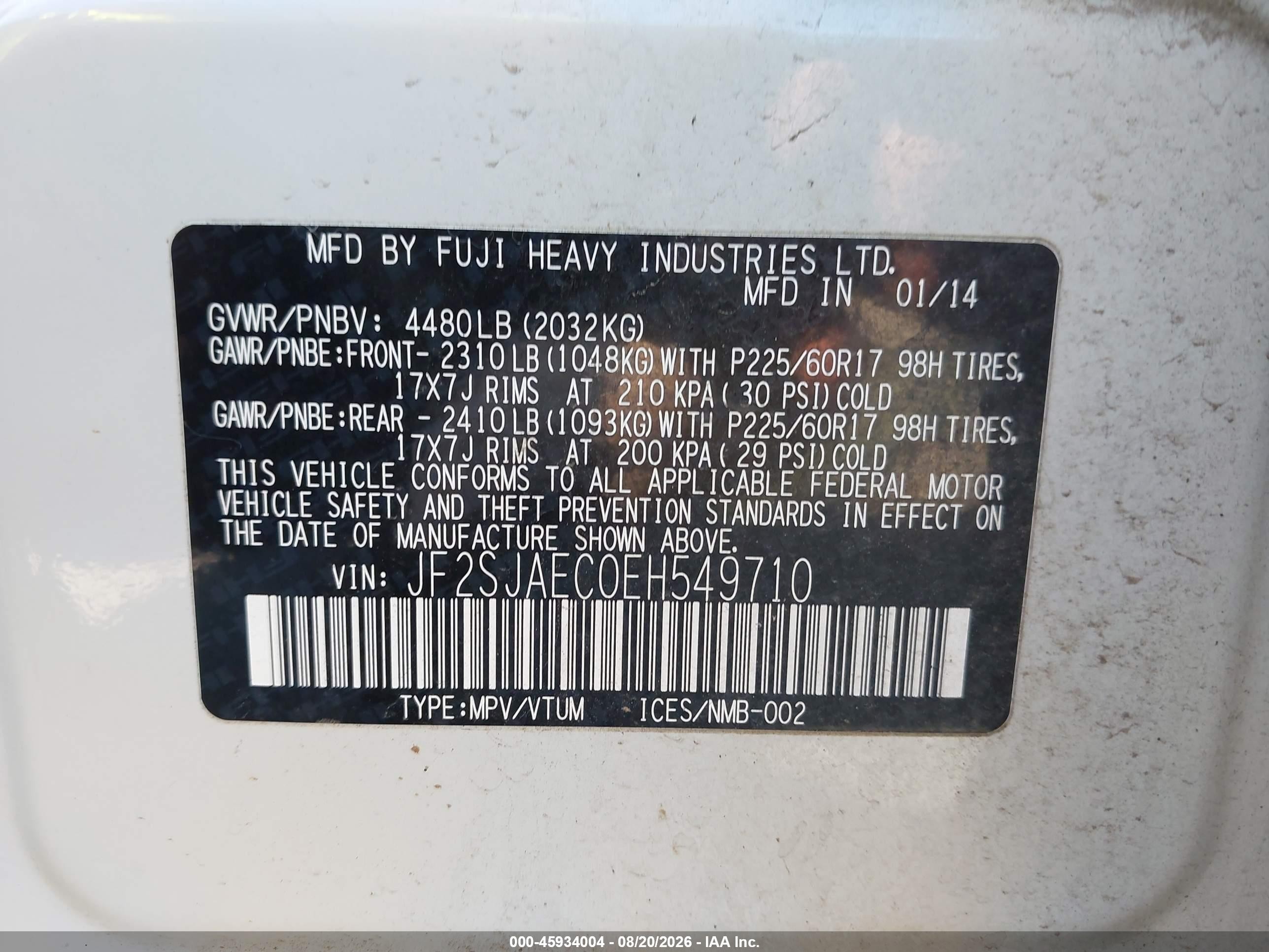 2014 Subaru Forester 2.5i Premium White vin: JF2SJAEC0EH549710