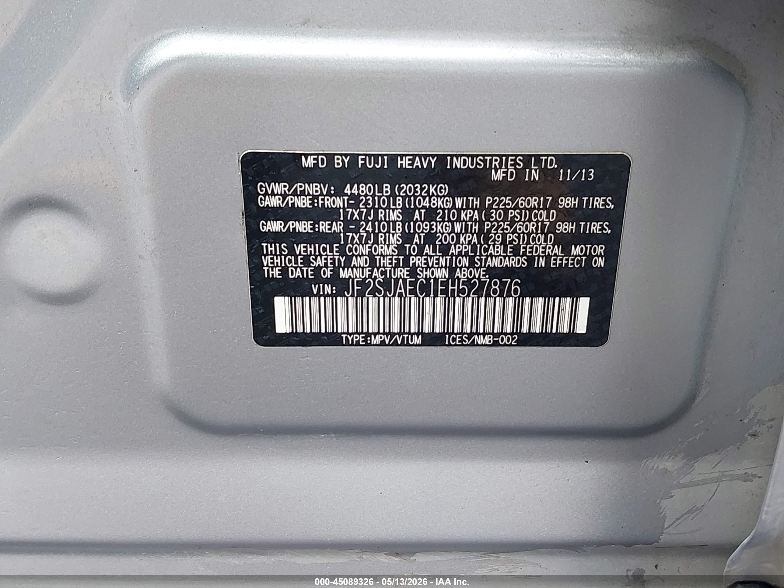 2014 Subaru Forester 2.5i Premium Silver vin: JF2SJAEC1EH527876