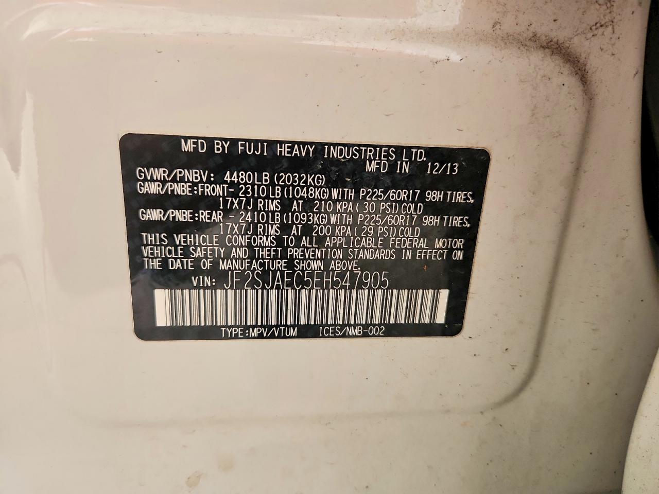 2014 Subaru Forester White vin: JF2SJAEC5EH547905