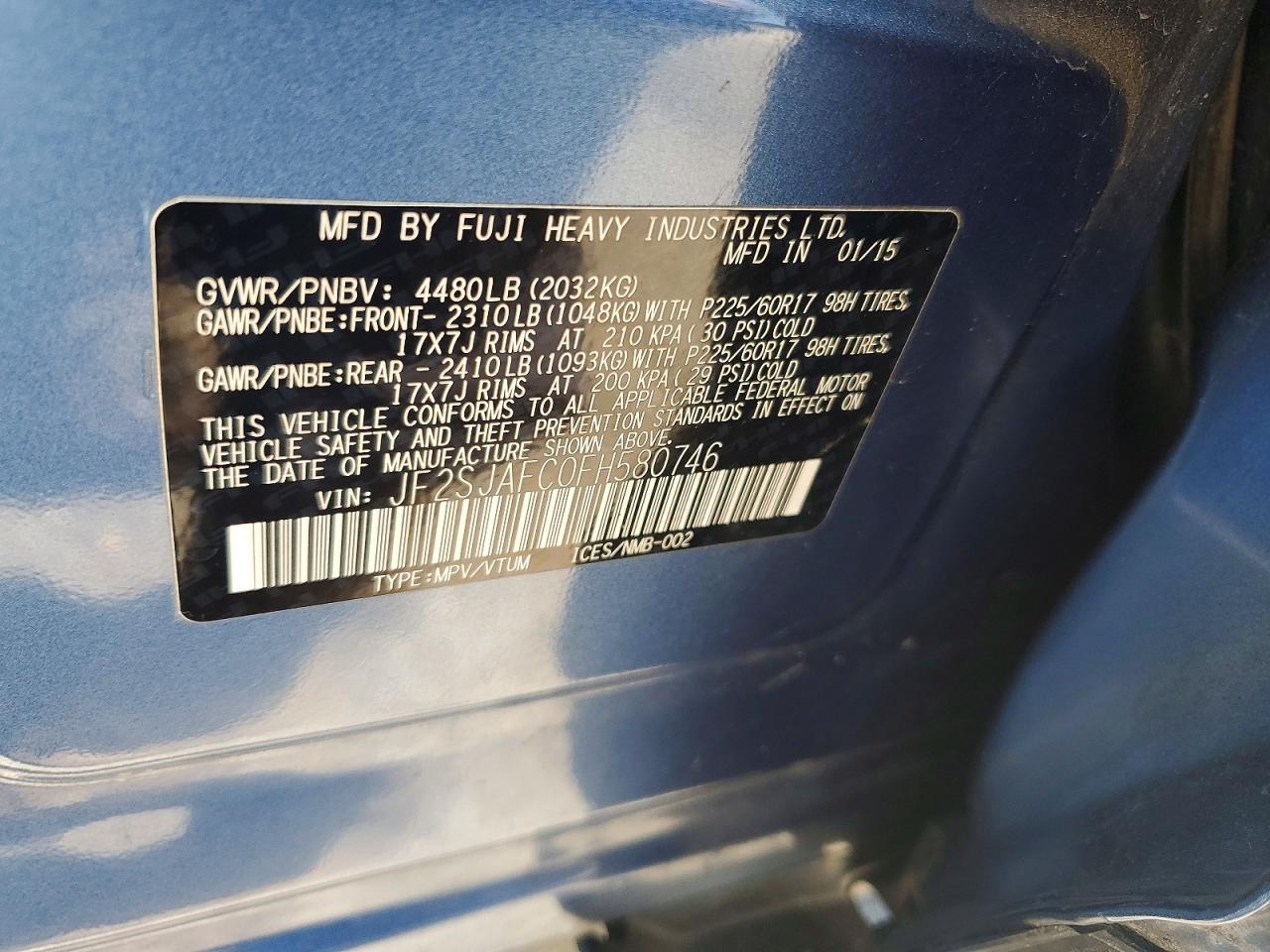 2015 Subaru Forester 2.5i Premium Blue vin: JF2SJAFC0FH580746