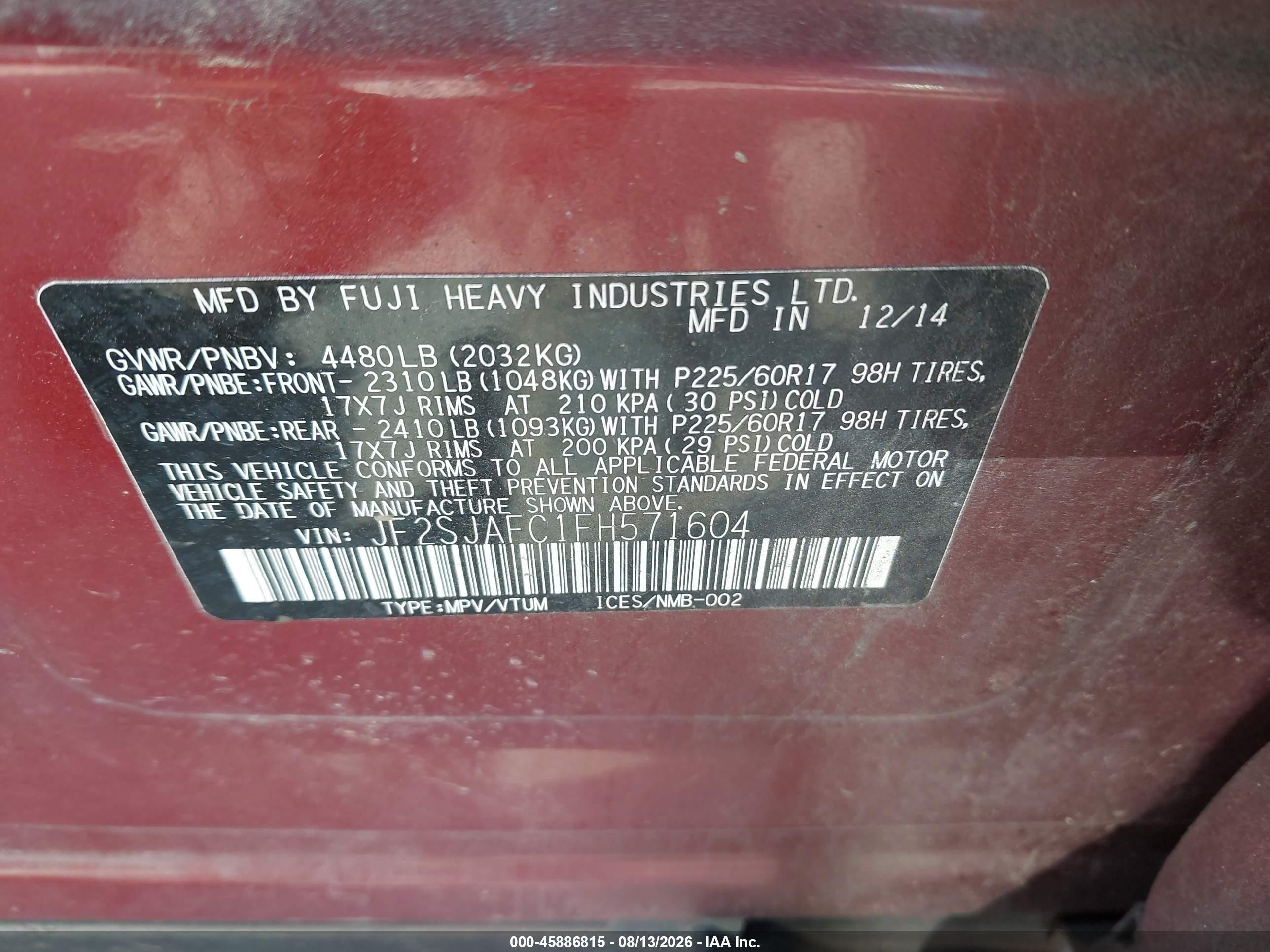 2015 Subaru Forester 2.5i Premium Burgundy vin: JF2SJAFC1FH571604