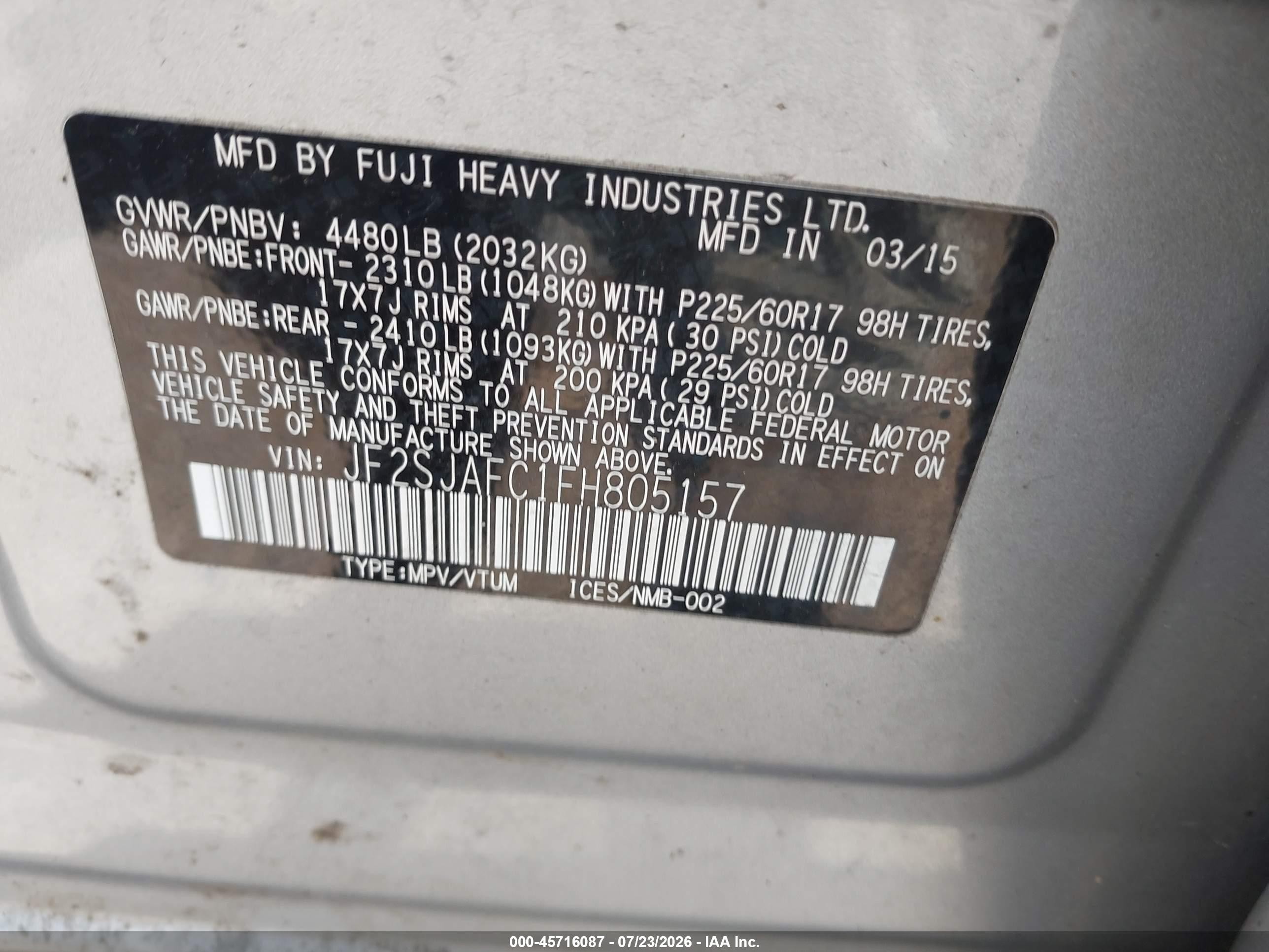 2015 Subaru Forester 2.5i Premium Silver vin: JF2SJAFC1FH805157