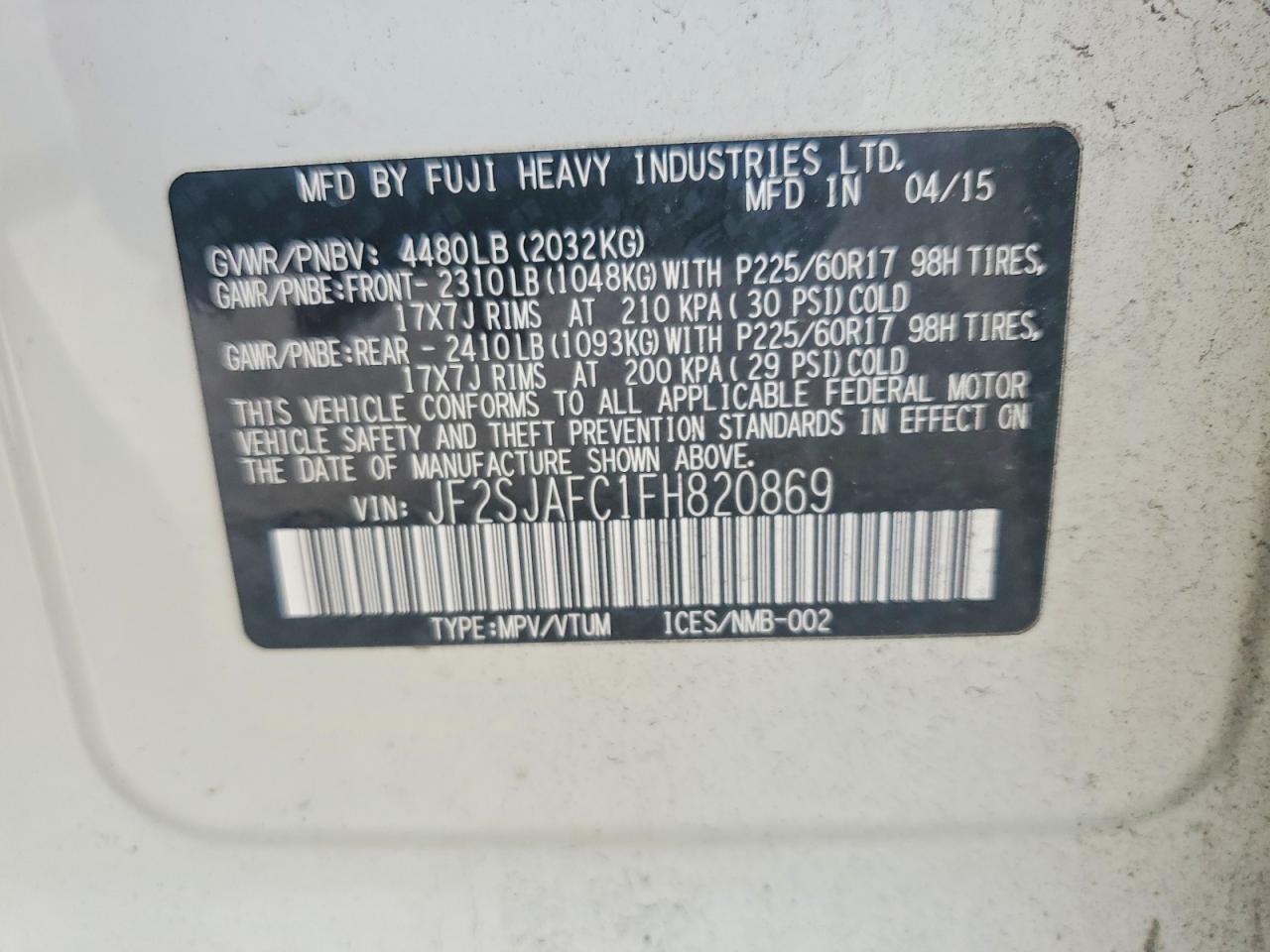 2015 Subaru Forester 2.5i Premium White vin: JF2SJAFC1FH820869
