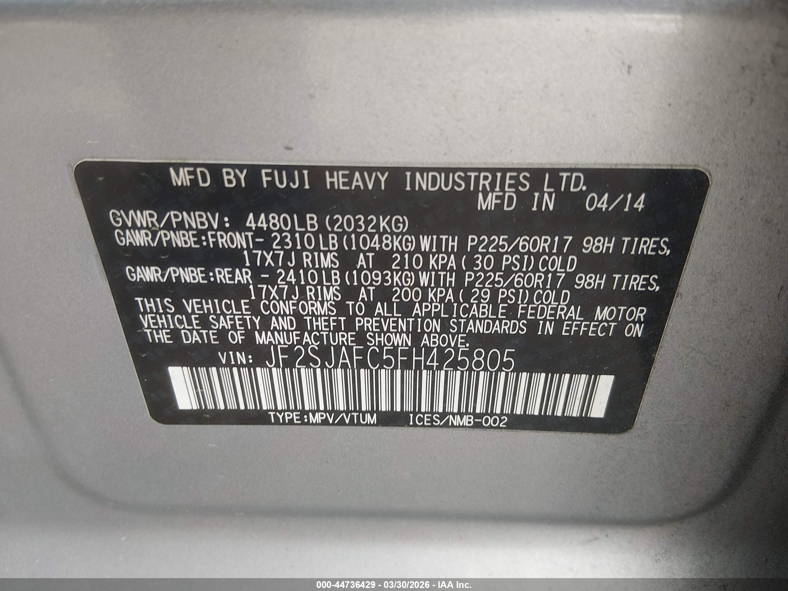 2015 Subaru Forester 2.5i Premium Silver vin: JF2SJAFC5FH425805