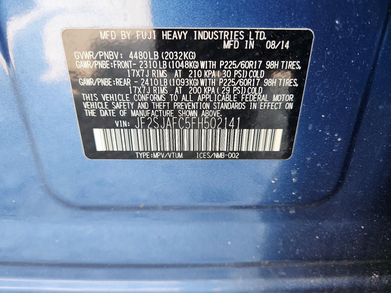 2015 Subaru Forester 2.5i Premium Синий vin: JF2SJAFC5FH502141