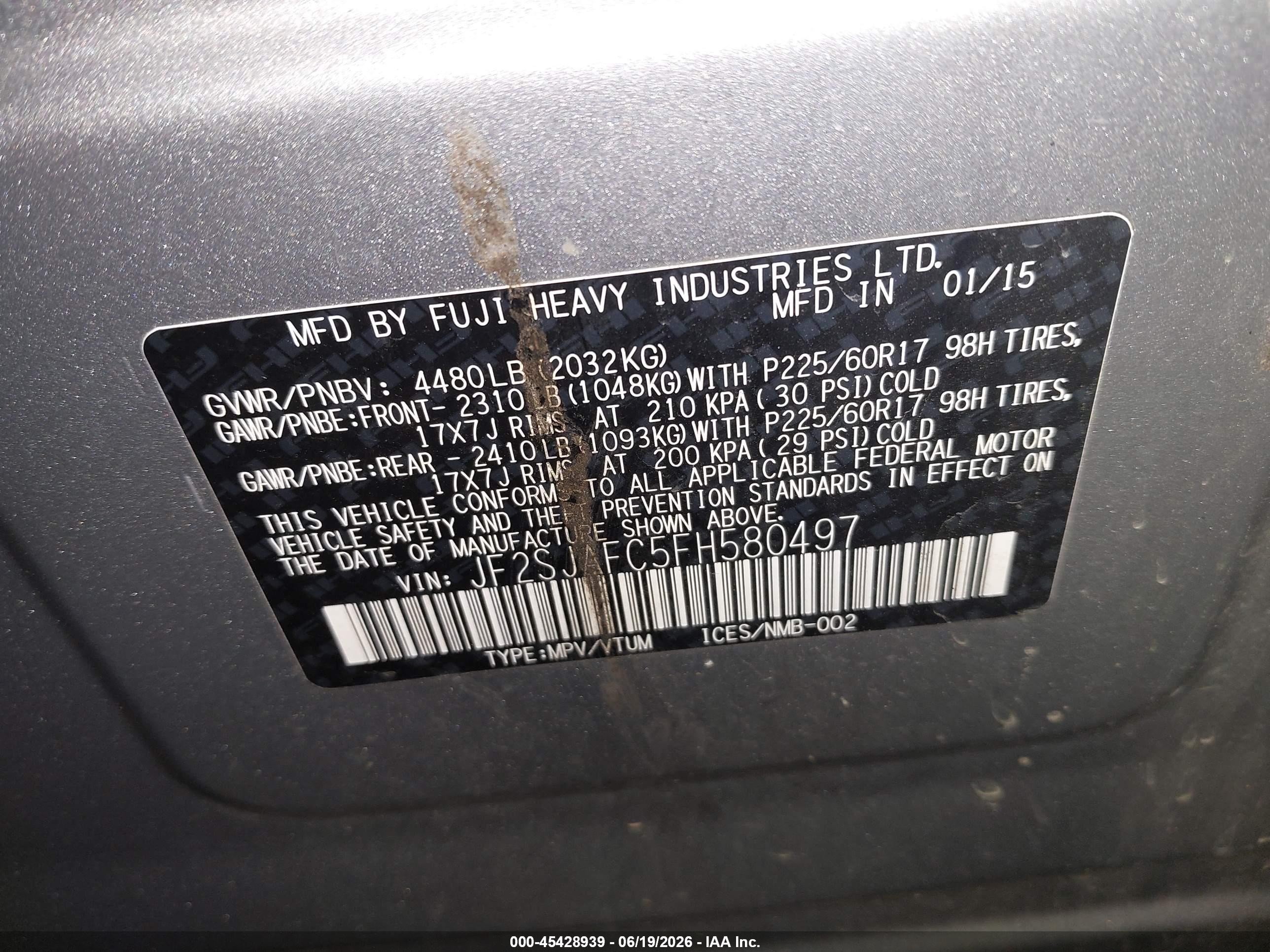 2015 Subaru Forester 2.5i Premium Silver vin: JF2SJAFC5FH580497