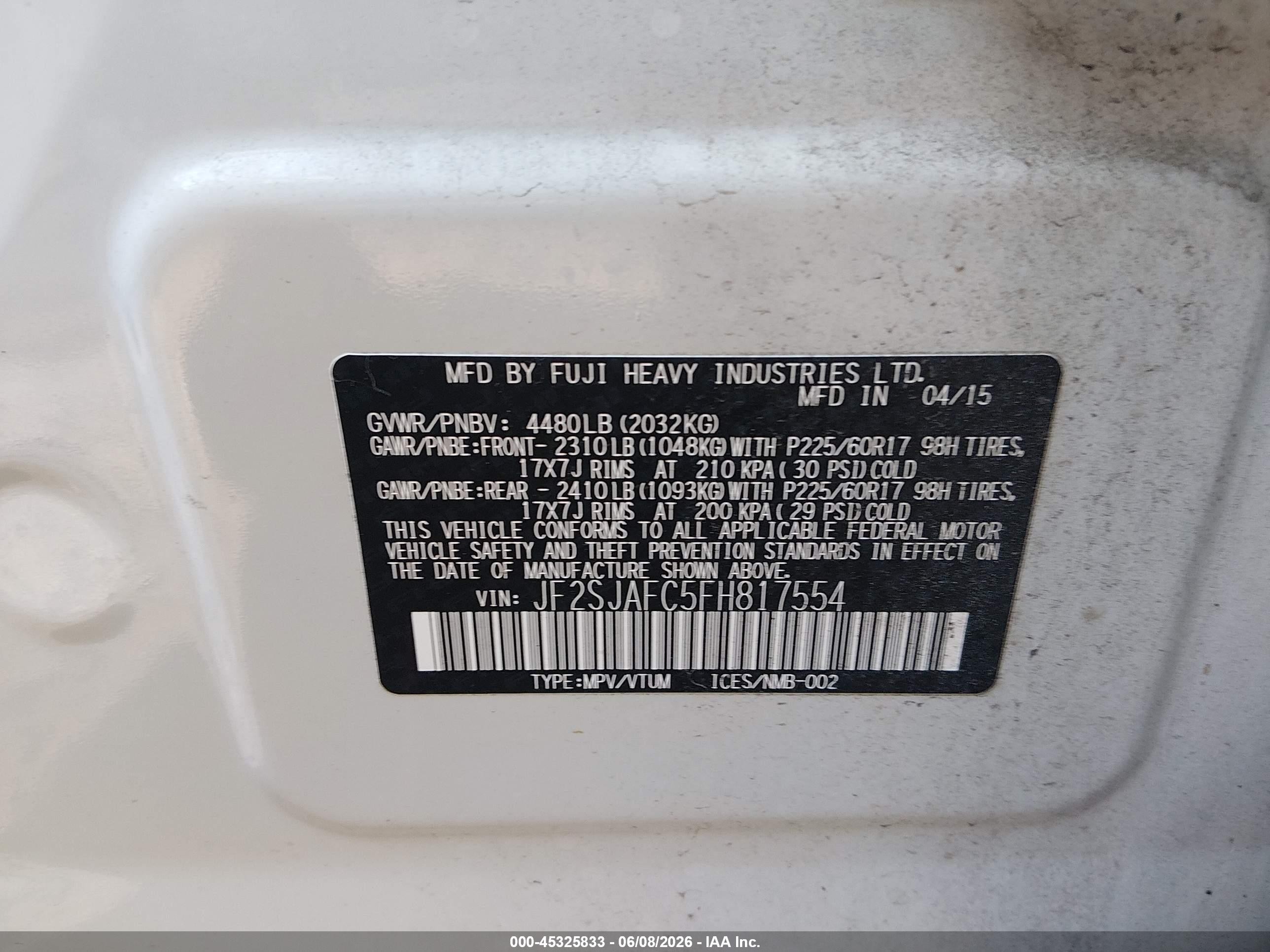 2015 Subaru Forester 2.5i Premium White vin: JF2SJAFC5FH817554