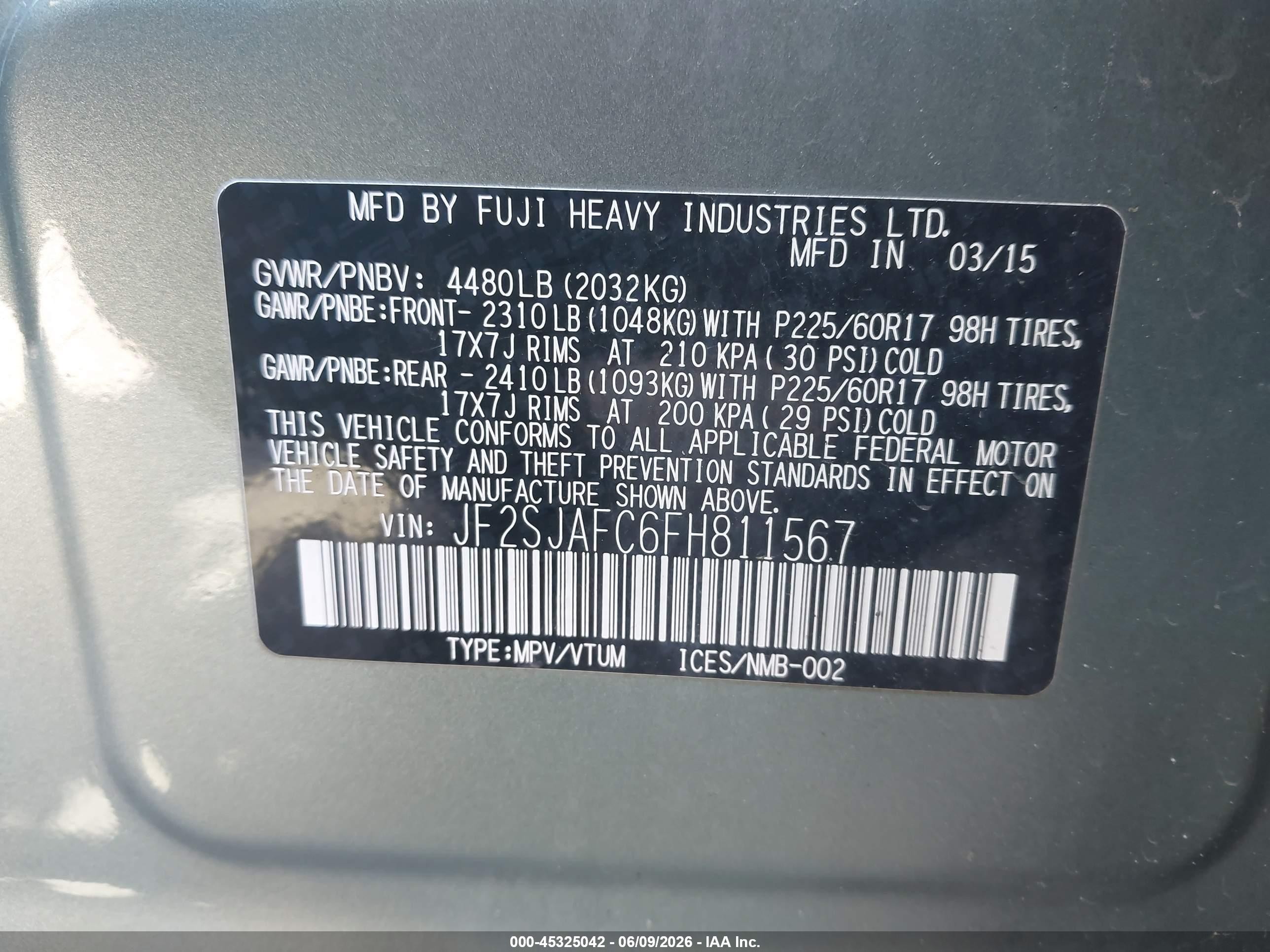 2015 Subaru Forester 2.5i Premium Green vin: JF2SJAFC6FH811567