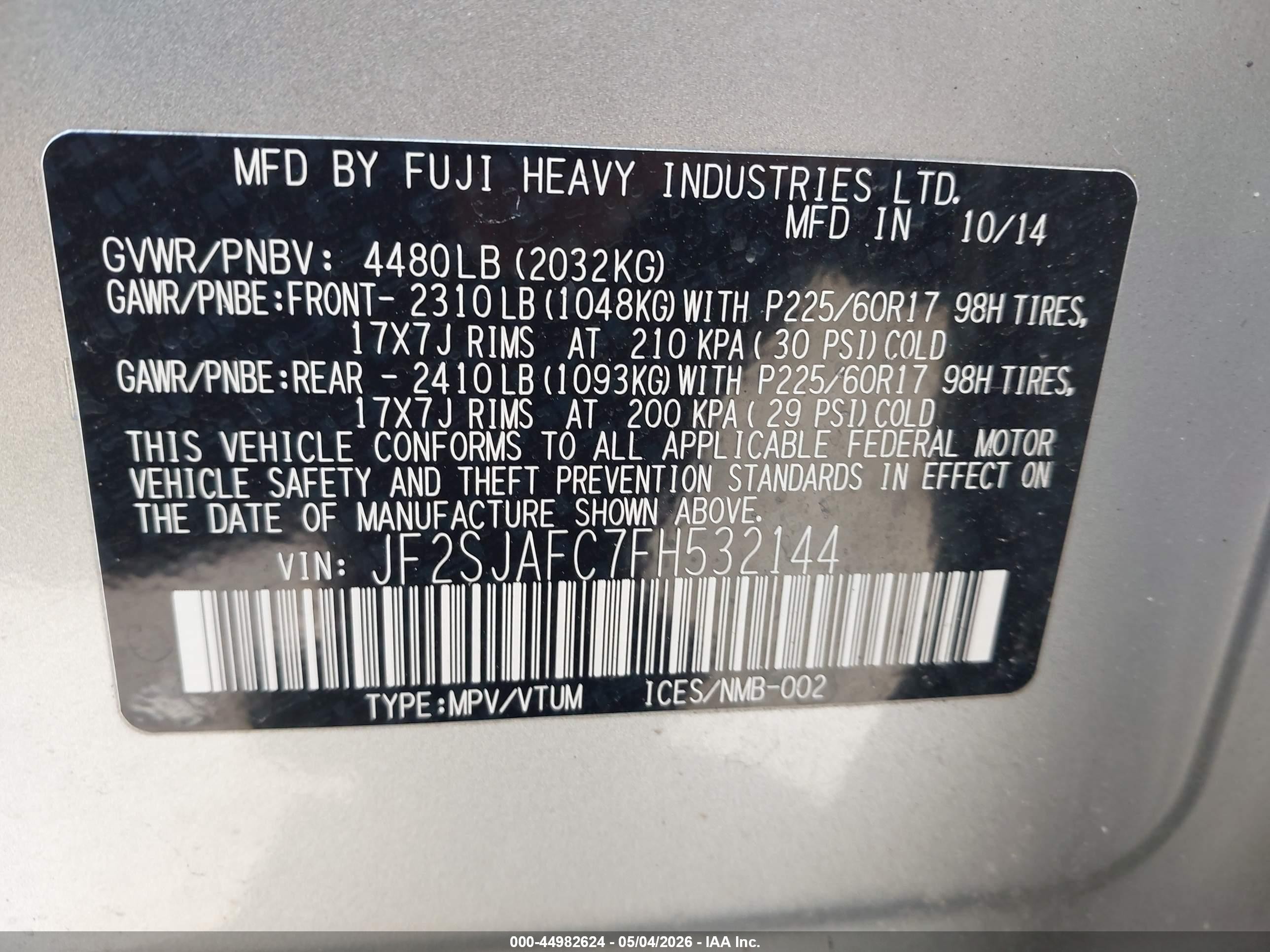 2015 Subaru Forester 2.5i Premium Silver vin: JF2SJAFC7FH532144