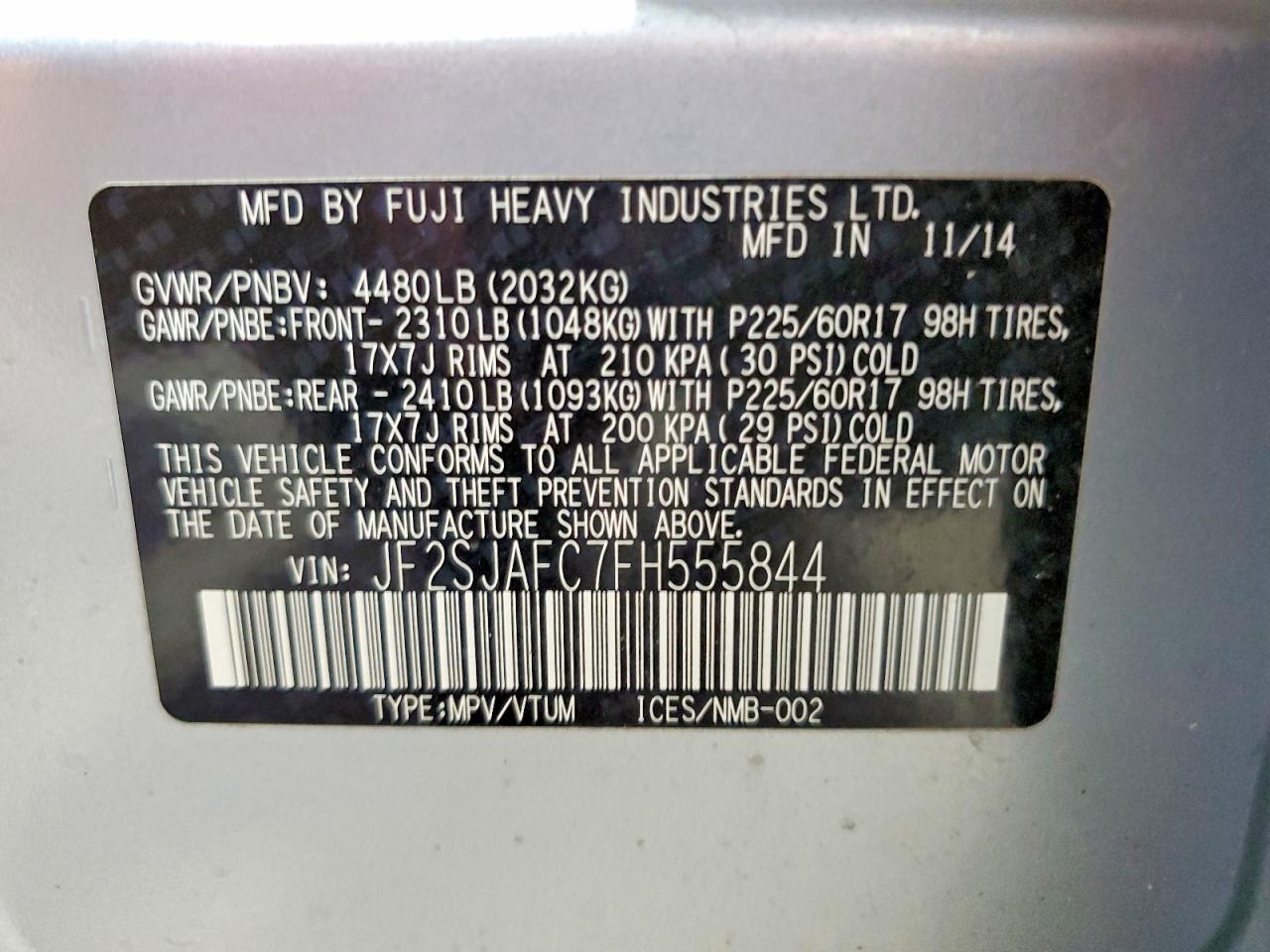 2015 Subaru Forester 2.5i Premium Silver vin: JF2SJAFC7FH555844