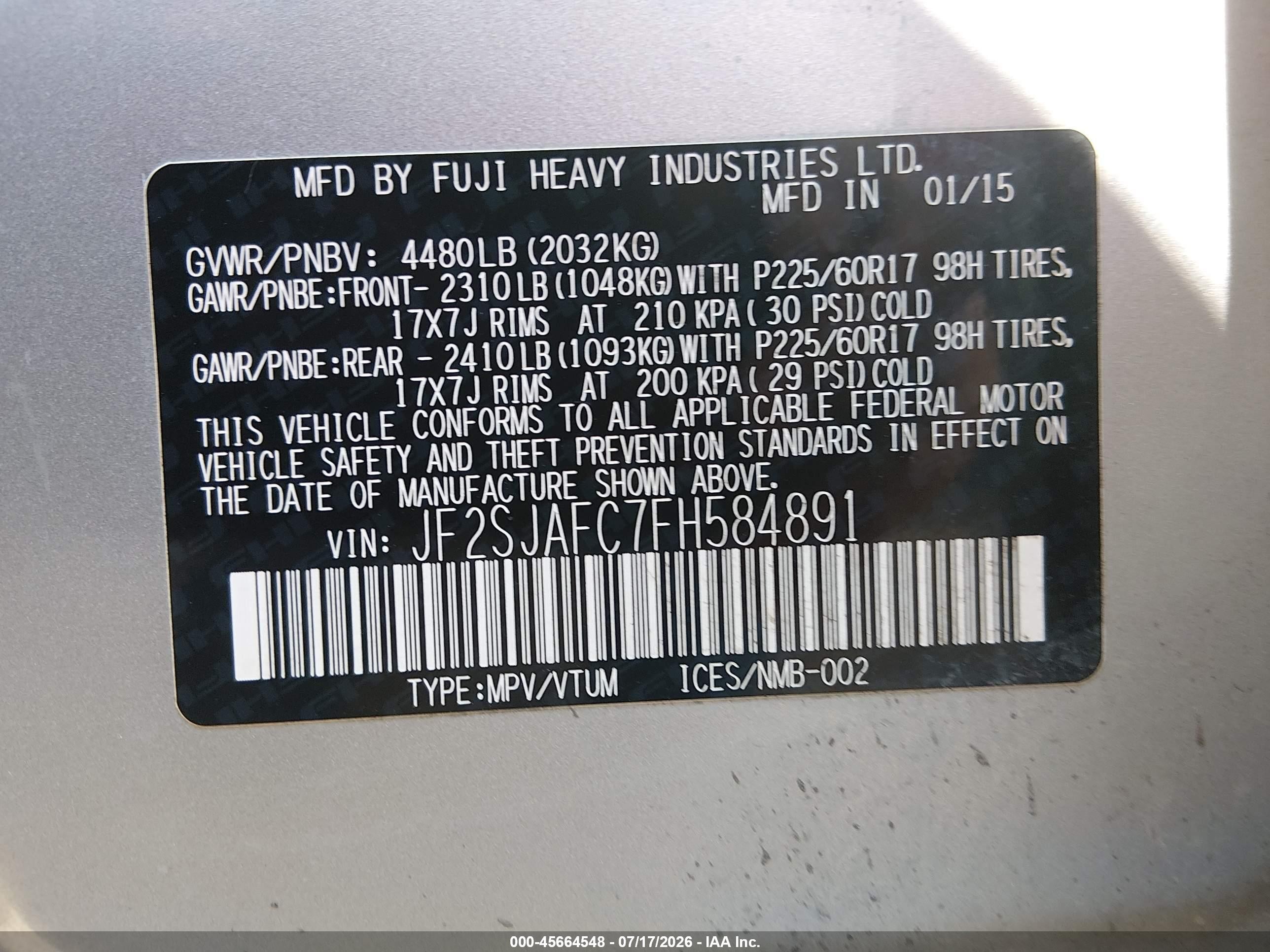 2015 Subaru Forester 2.5i Premium Silver vin: JF2SJAFC7FH584891