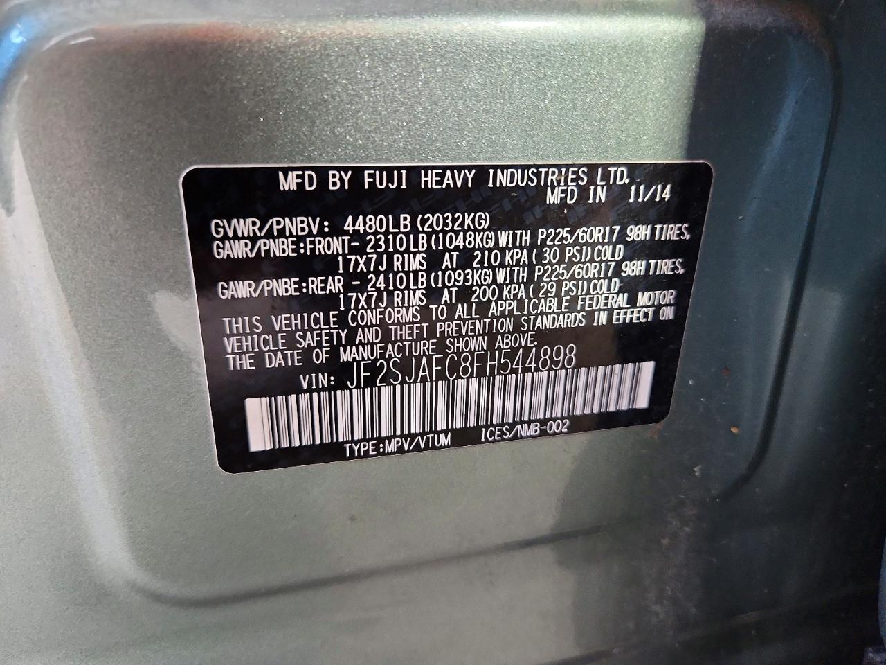 2015 Subaru Forester 2.5i Premium Green vin: JF2SJAFC8FH544898
