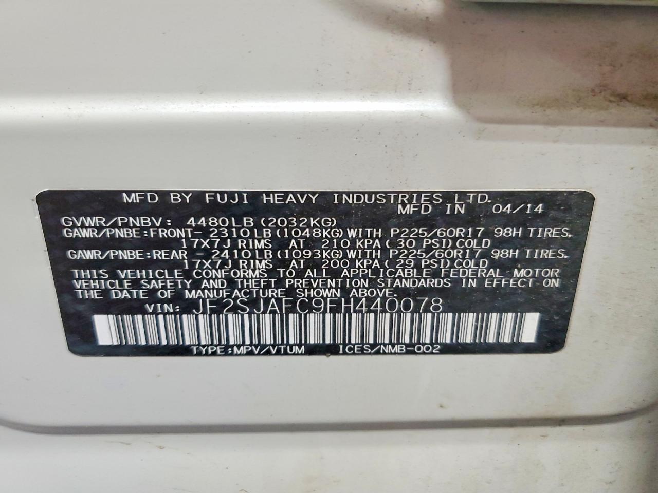 2015 Subaru Forester 2.5i Premium Белый vin: JF2SJAFC9FH440078