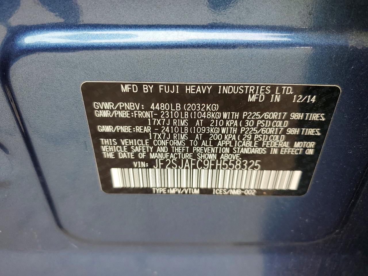 2015 Subaru Forester 2.5i Premium Blue vin: JF2SJAFC9FH558325