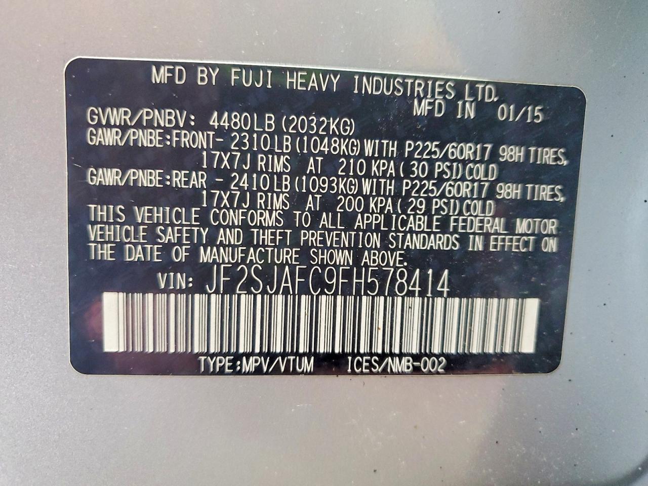 2015 Subaru Forester 2.5i Premium Silver vin: JF2SJAFC9FH578414
