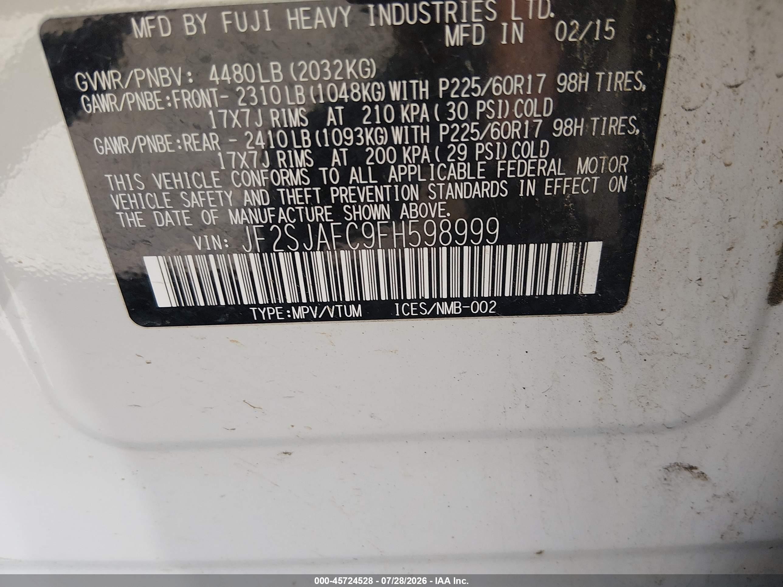 2015 Subaru Forester 2.5i Premium White vin: JF2SJAFC9FH598999