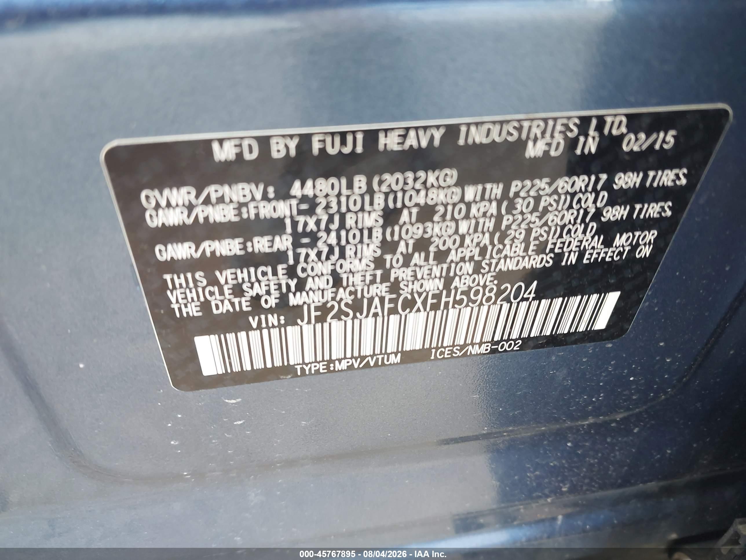 2015 Subaru Forester 2.5i Premium Blue vin: JF2SJAFCXFH598204