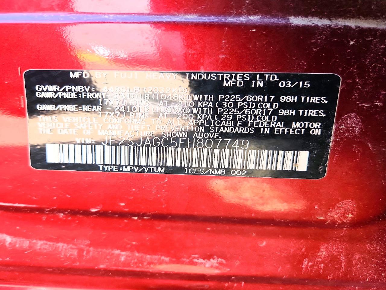2015 Subaru Forester 2.5i Premium Red vin: JF2SJAGC5FH807749