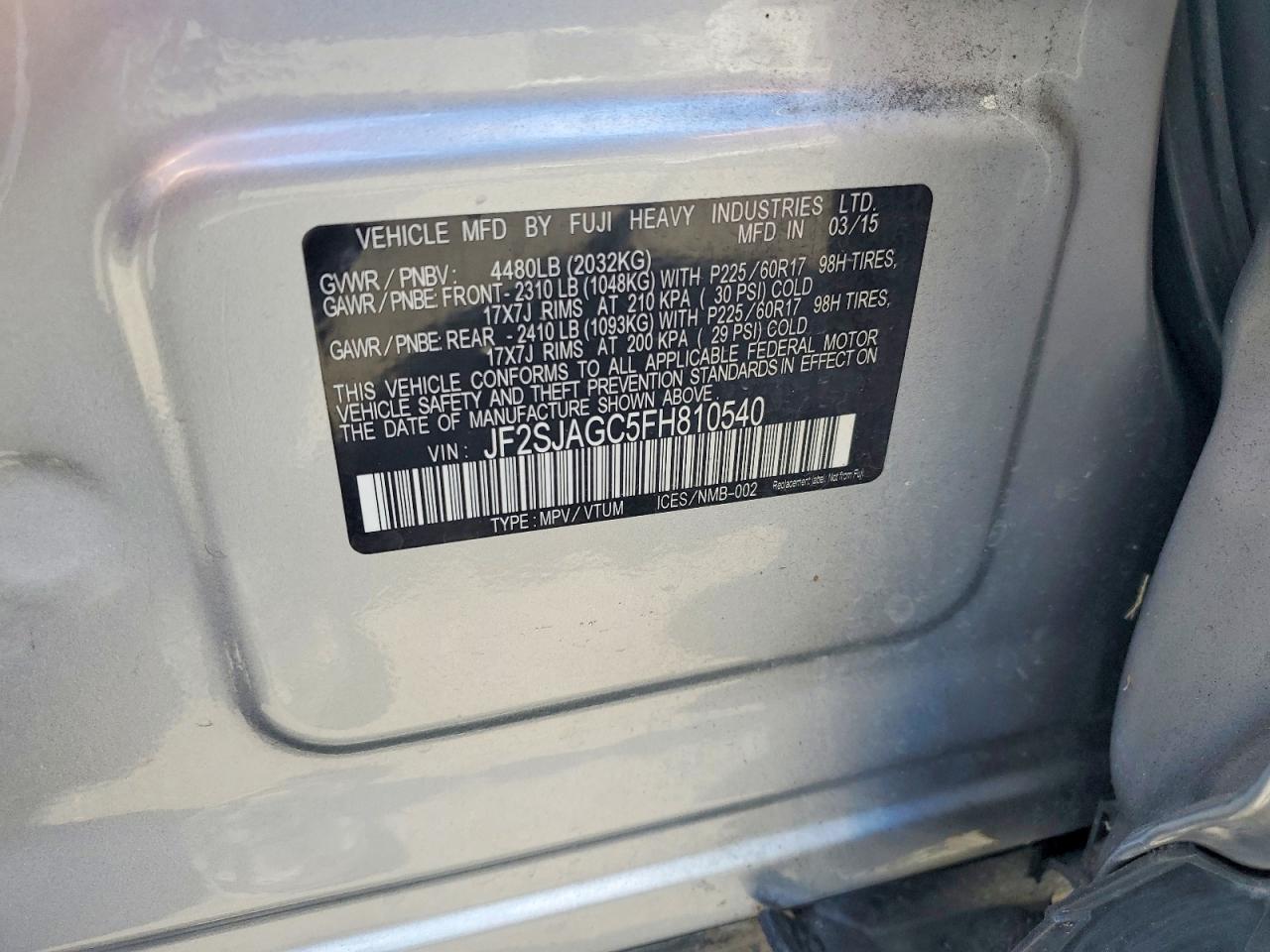 2015 Subaru Forester 2.5i Premium Gray vin: JF2SJAGC5FH810540