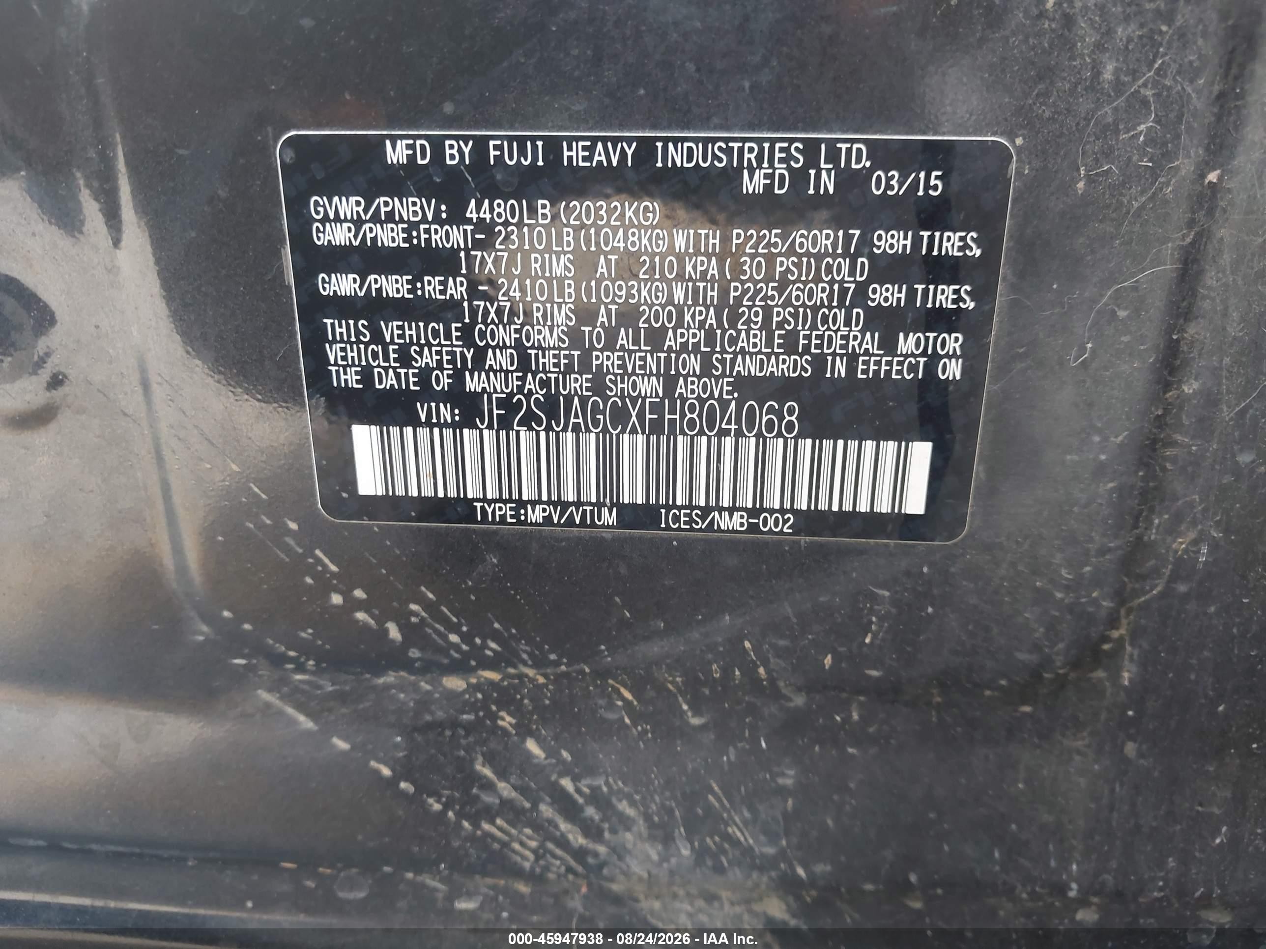 2015 Subaru Forester 2.5i Premium Black vin: JF2SJAGCXFH804068