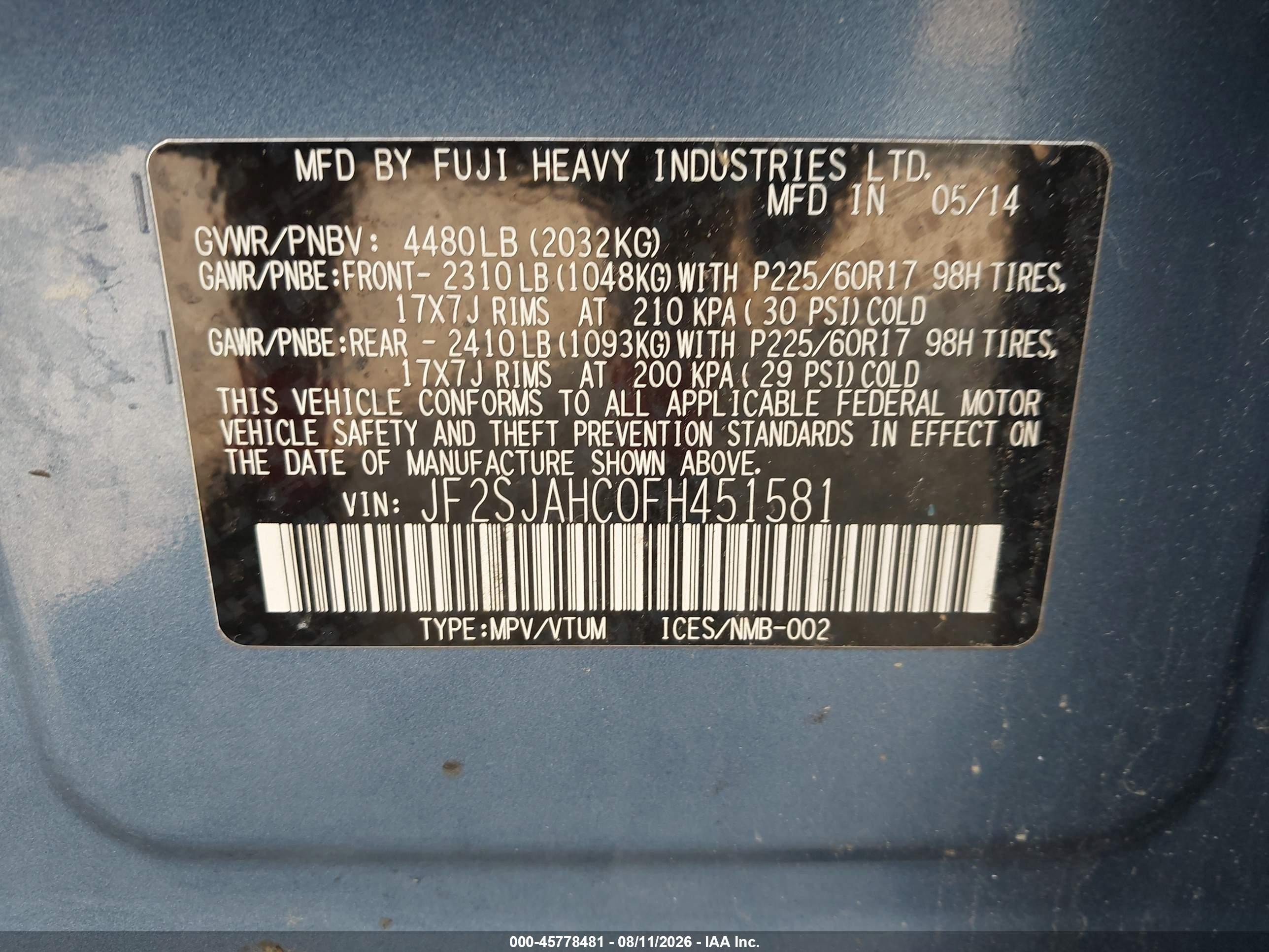 2015 Subaru Forester 2.5i Limited Blue vin: JF2SJAHC0FH451581