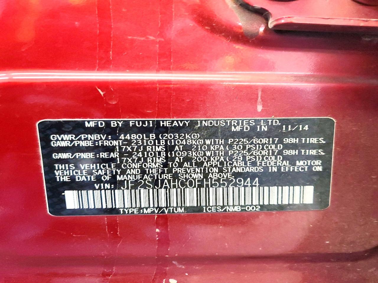 2015 Subaru Forester 2.5i Limited Red vin: JF2SJAHC0FH552944