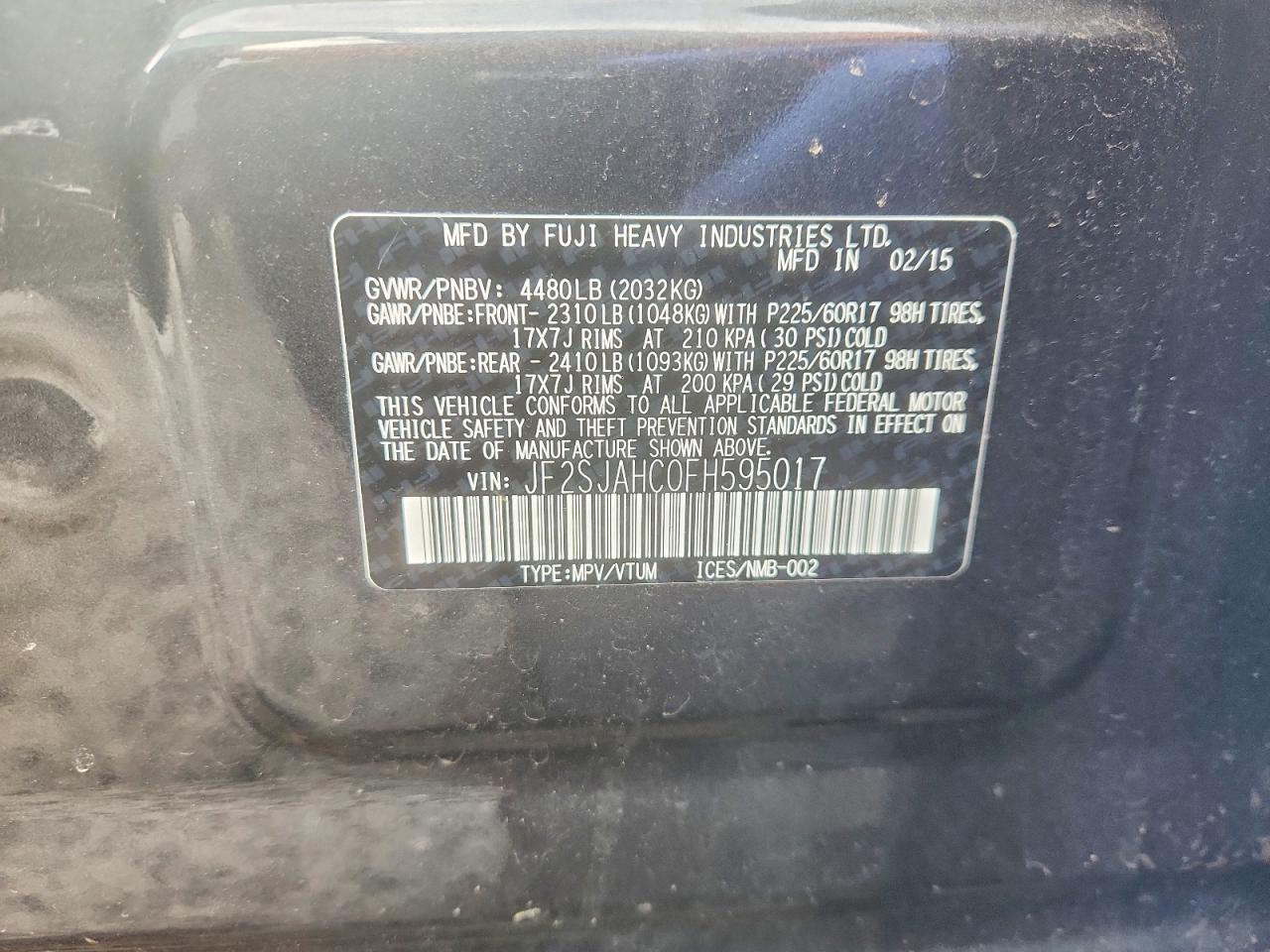 2015 Subaru Forester 2.5i Limited Charcoal vin: JF2SJAHC0FH595017