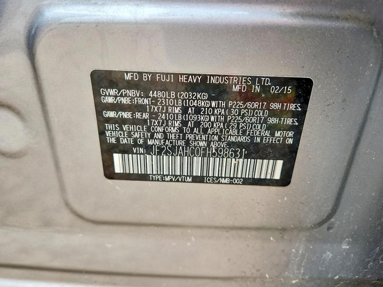 2015 Subaru Forester 2.5i Limited Серебряный vin: JF2SJAHC0FH598631