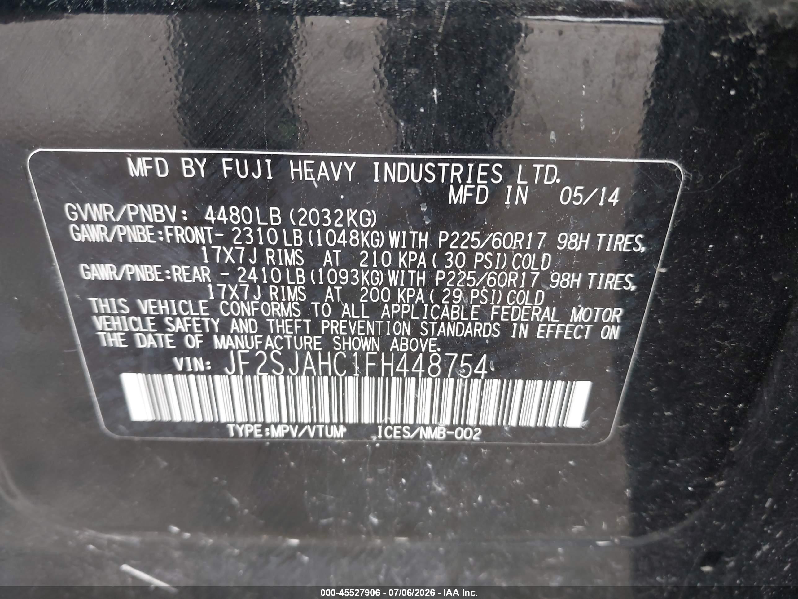 2015 Subaru Forester 2.5i Limited Black vin: JF2SJAHC1FH448754