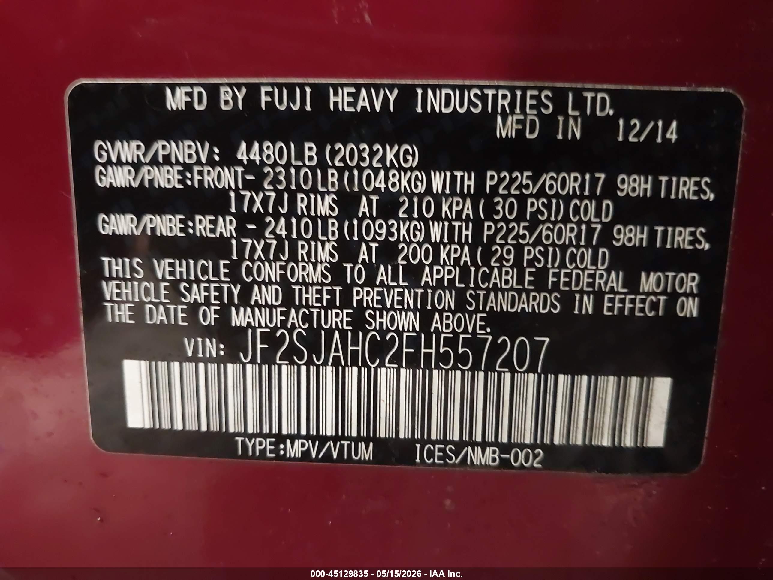 2015 Subaru Forester 2.5i Limited Red vin: JF2SJAHC2FH557207