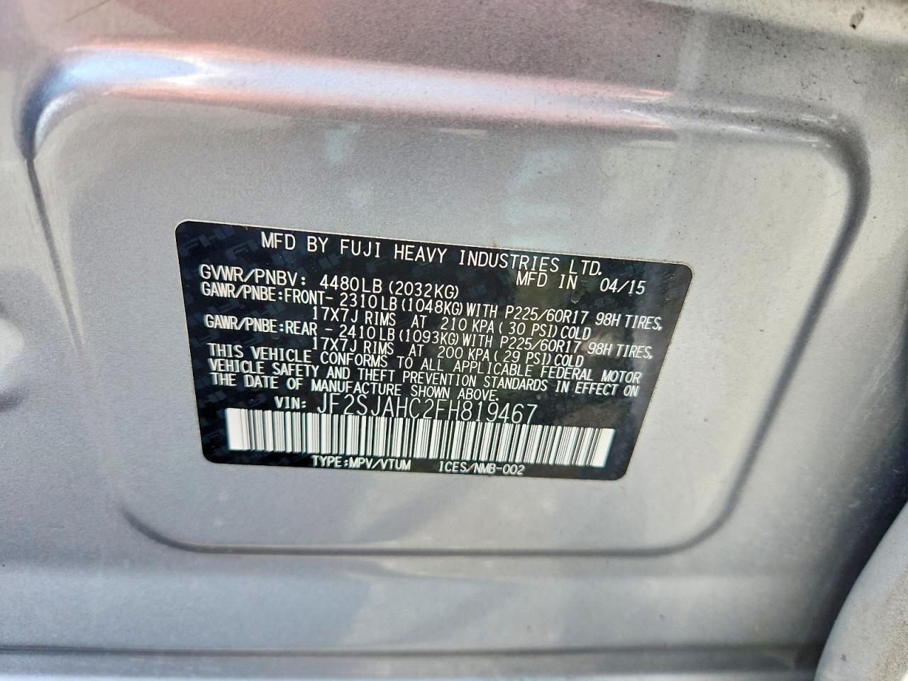 2015 Subaru Forester Silver vin: JF2SJAHC2FH819467