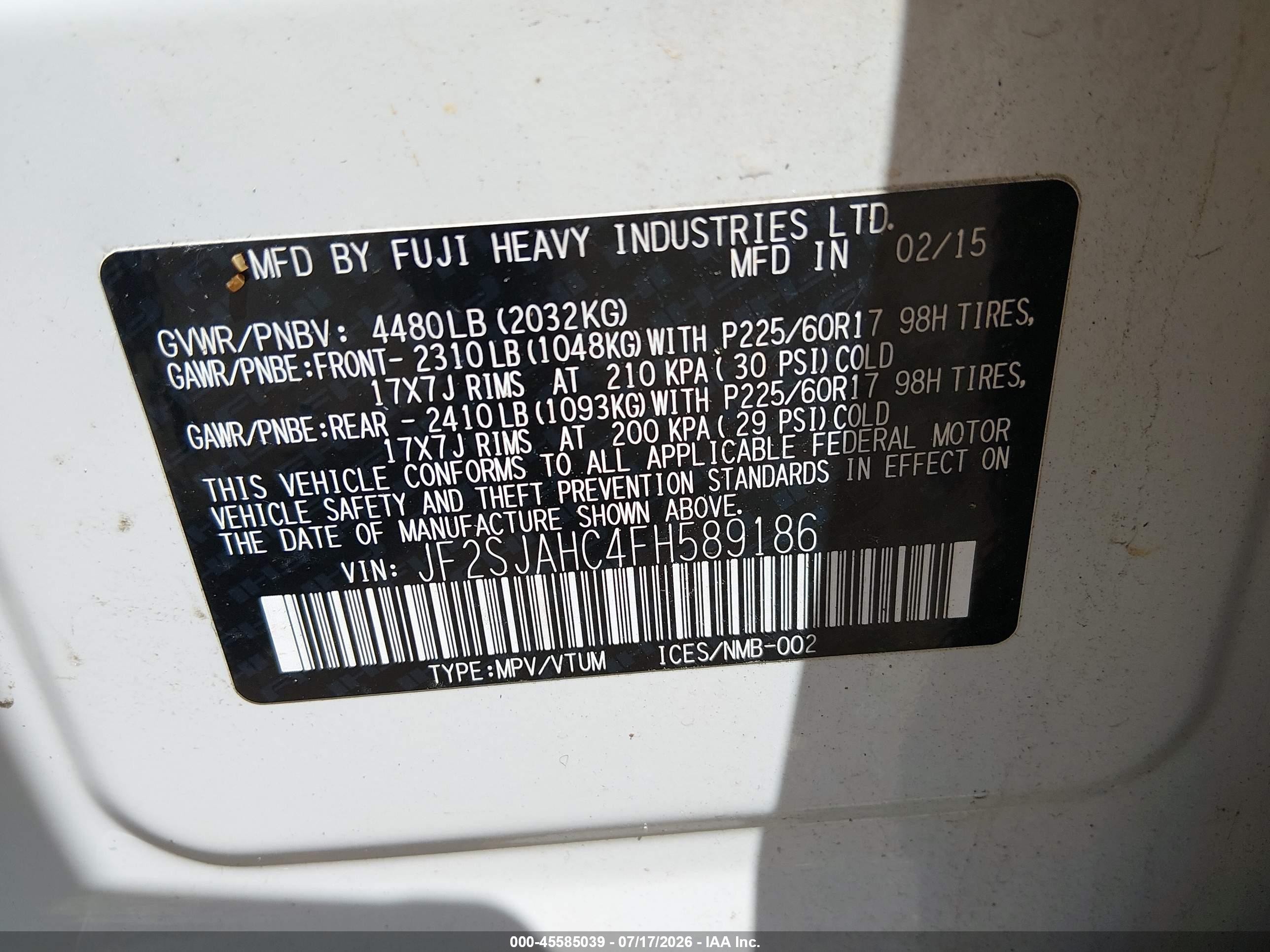 2015 Subaru Forester 2.5i Limited White vin: JF2SJAHC4FH589186