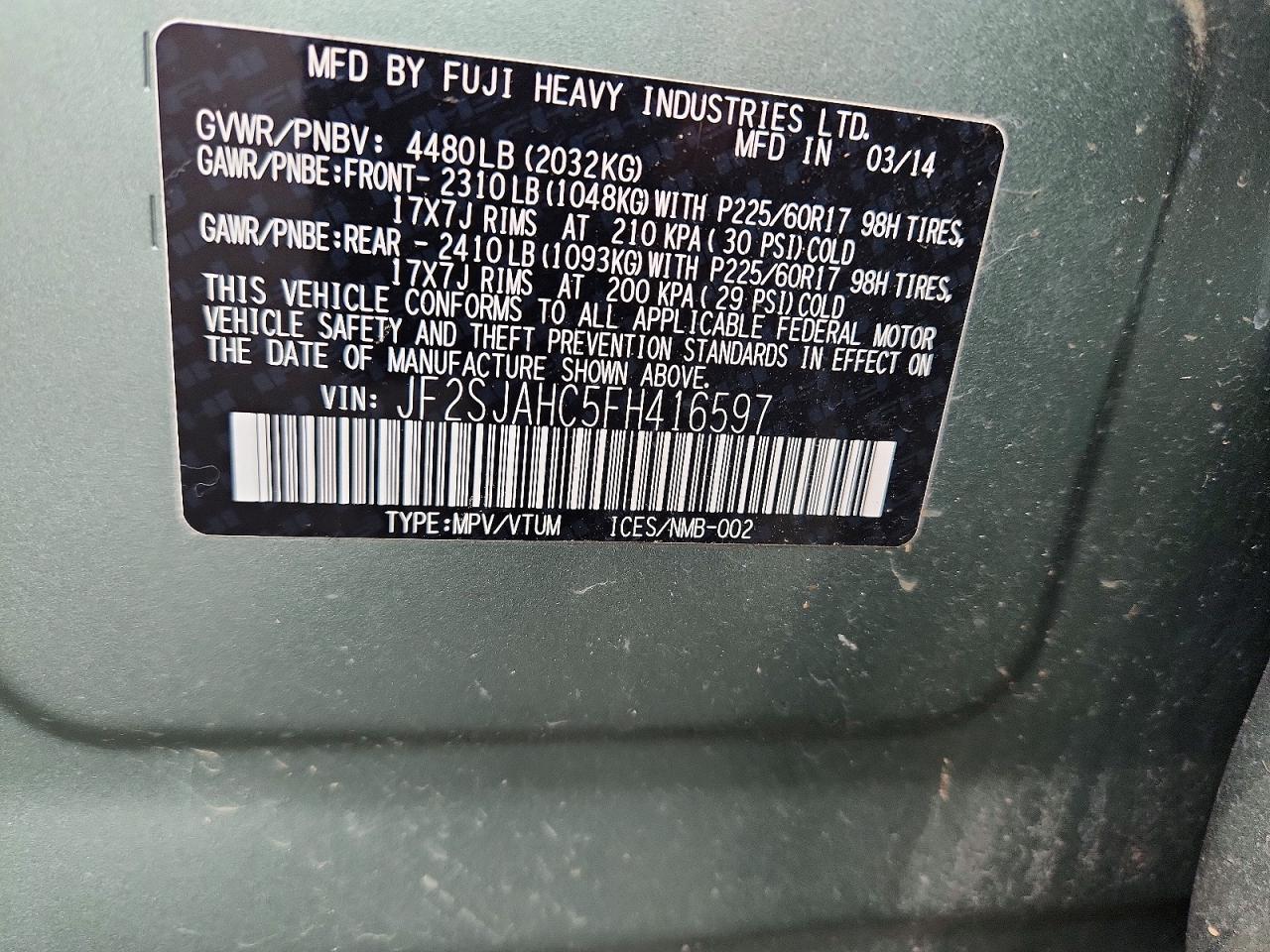 2015 Subaru Forester 2.5i Limited Green vin: JF2SJAHC5FH416597